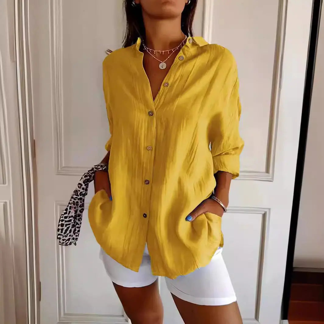 Lapel Long Sleeve Shirt Womens Single-breasted Pleated Shirt Tops Wholesale Hub
