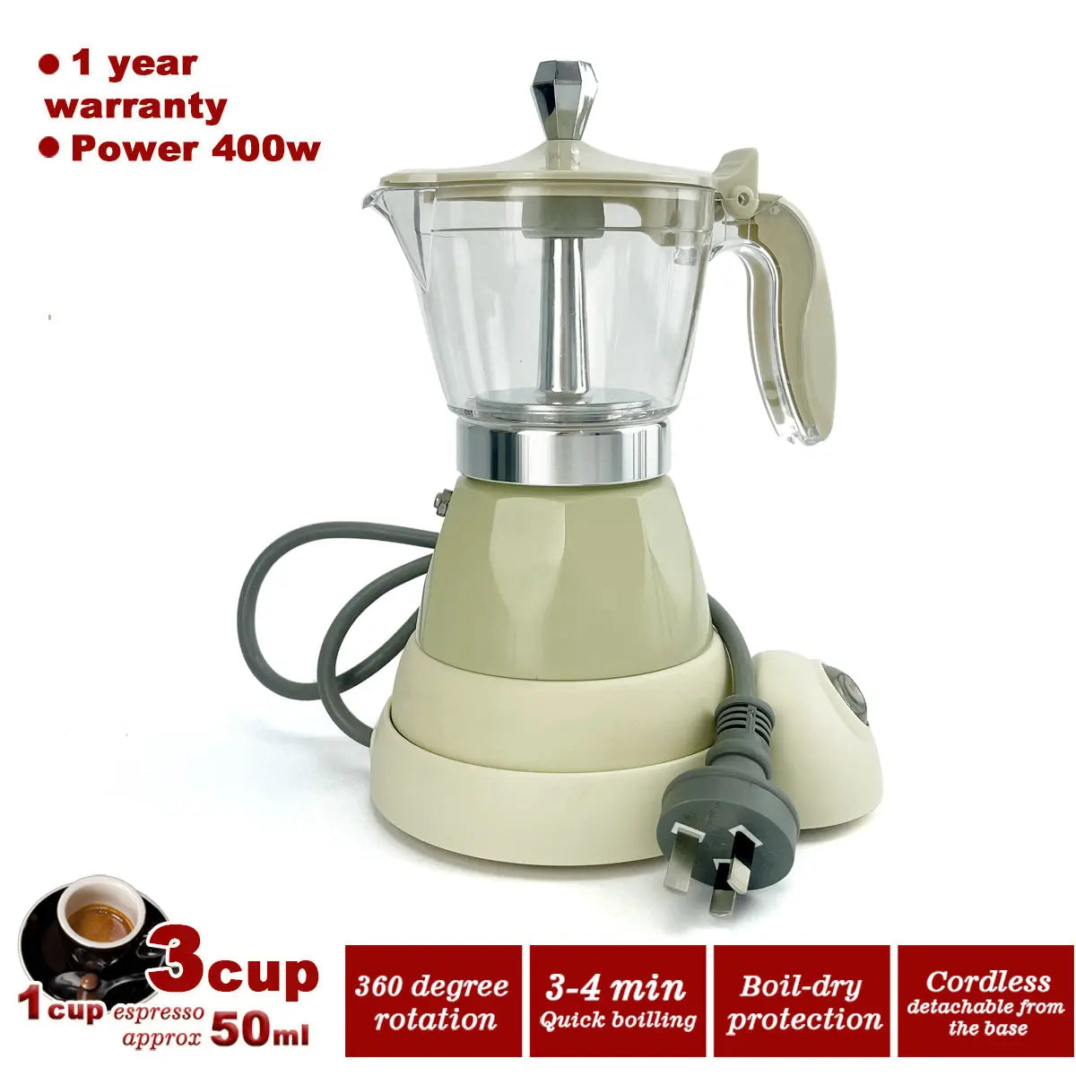 Latest Styles Electric Aluminum Espresso Moka Coffee Maker 3cups Italian Classic - Cream Wholesale Hub