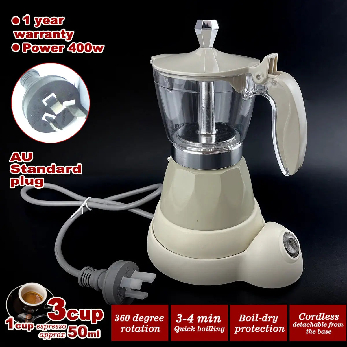 Latest Styles Electric Aluminum Espresso Moka Coffee Maker 3cups Italian Classic - Cream Wholesale Hub