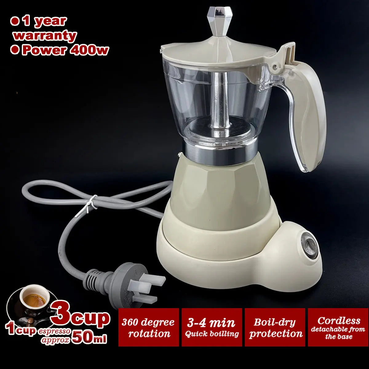 Latest Styles Electric Aluminum Espresso Moka Coffee Maker 3cups Italian Classic - Cream Wholesale Hub