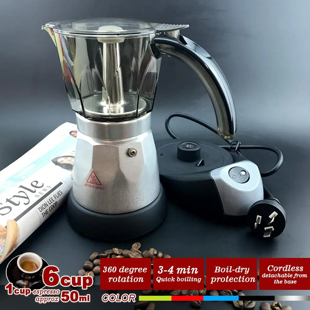 Silver Electric Moka Coffee Maker Espresso Machine Italian Classic 6 Cups Auto Power Wholesale Hub