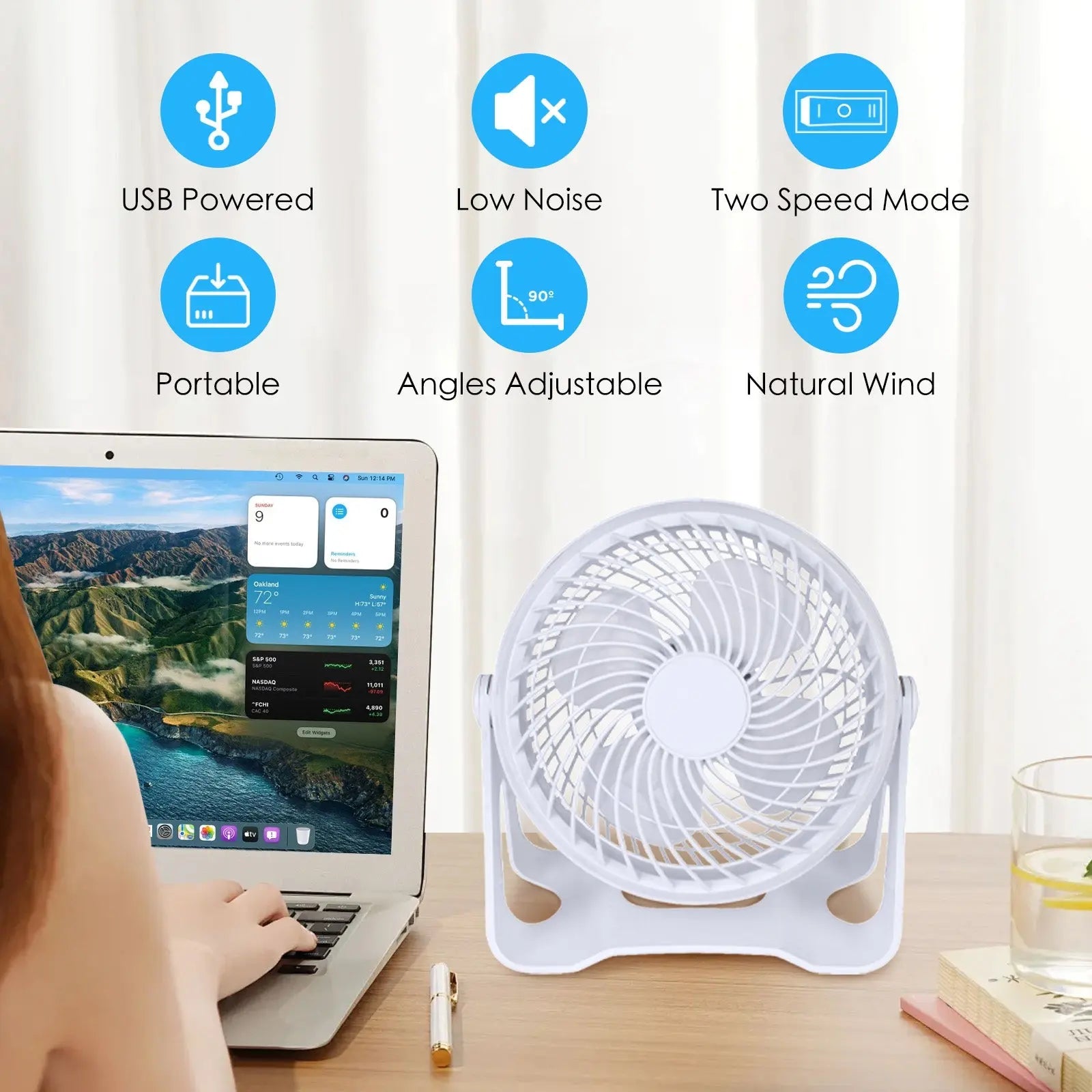 USB Powered Desk Fan – Portable 2-Speed Adjustable Angle Cooling Fan (White) Wholesale Hub
