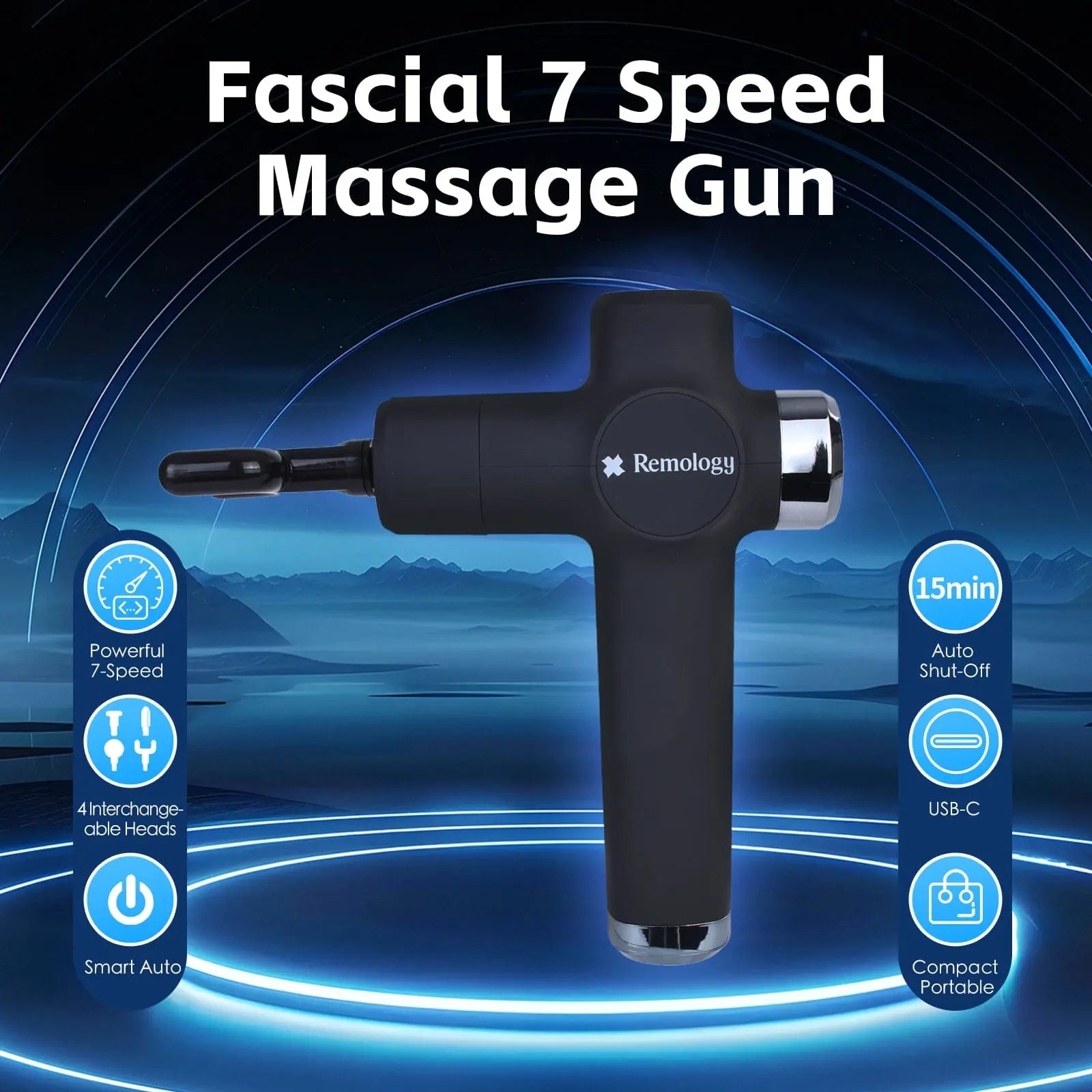 Remology Impact Therapy 7 Adaptive Speed USB-C Fascial Massage Gun with 4 Heads Wholesale Hub