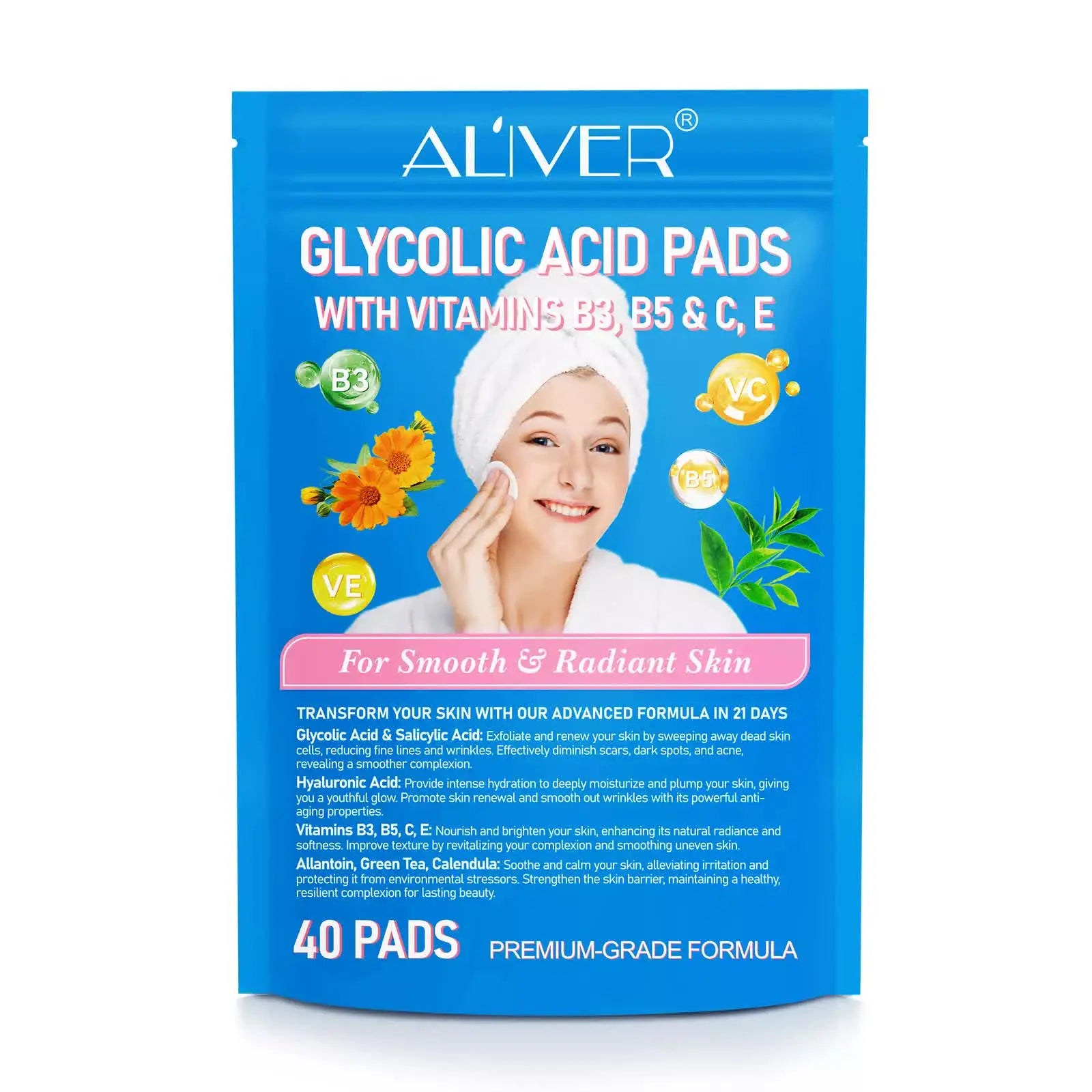 ALIVER Glycolic acid pads with vitamins B3,B5 & C,E 40 PADS Wholesale Hub
