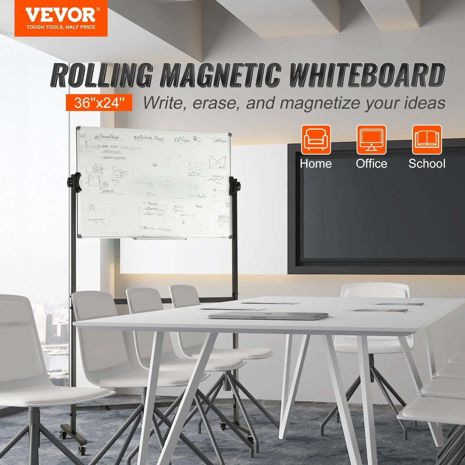 91.5x61cm Rolling Magnetic Whiteboard, Double-sided Mobile Whiteboard, Adjustable Height Dry Erase Board with Wheels, 1 Magnetic Erase & 3 Dry Erase Markers & Movable Tray Office, School Wholesale Hub
