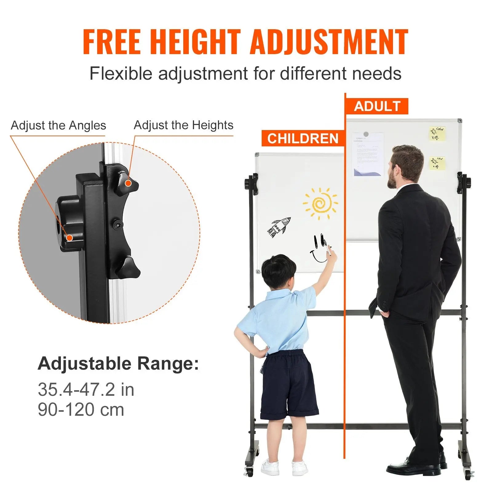 91.5x61cm Rolling Magnetic Whiteboard, Double-sided Mobile Whiteboard, Adjustable Height Dry Erase Board with Wheels, 1 Magnetic Erase & 3 Dry Erase Markers & Movable Tray Office, School Wholesale Hub