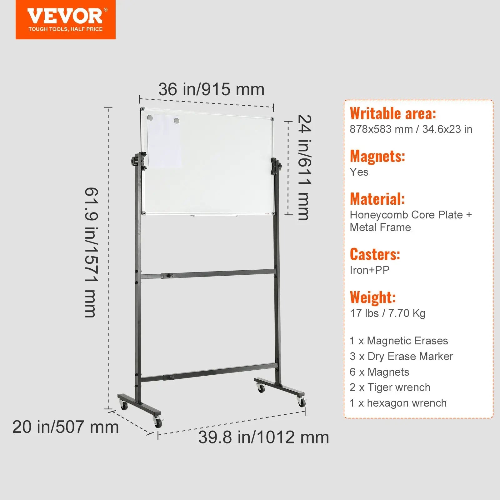 91.5x61cm Rolling Magnetic Whiteboard, Double-sided Mobile Whiteboard, Adjustable Height Dry Erase Board with Wheels, 1 Magnetic Erase & 3 Dry Erase Markers & Movable Tray Office, School Wholesale Hub