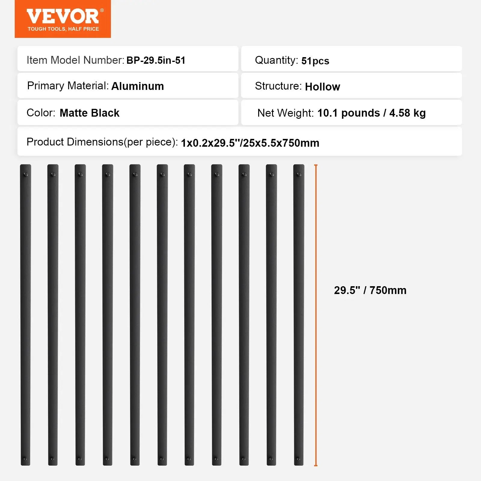 Staircase Metal Balusters, 29.5'' x 1'' Flat Aluminum Alloy Decorative Banister Spindles, 51 Pack Deck Baluster with Screws, Classic Hollow Deck Railing Satin Black Powder Coated for Porch Wholesale Hub