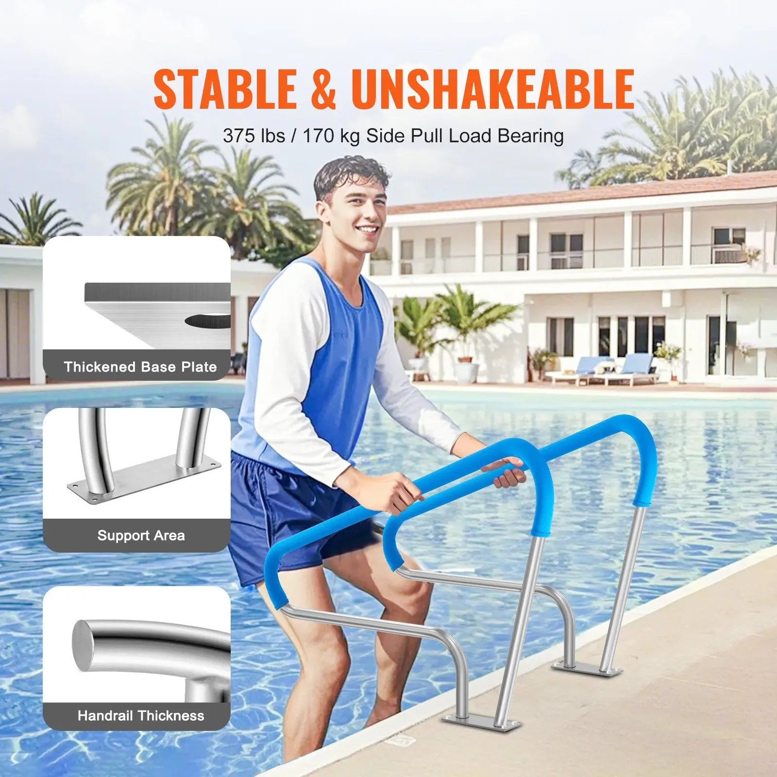 Pool Handrail 2 PCS 48x36in Stainless Steel with Base Plate for Spas Wholesale Hub