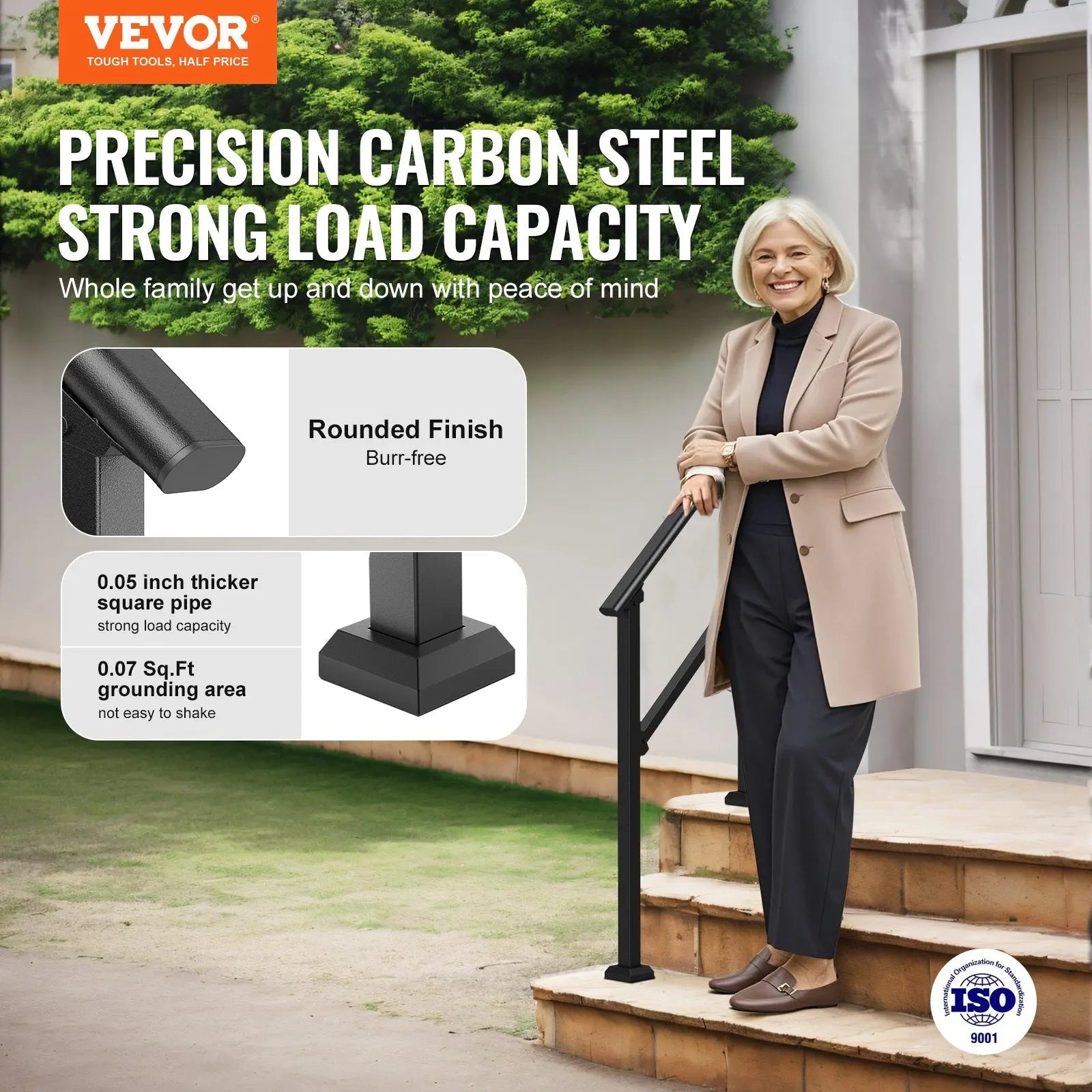 2 PCS 2-3 Handrails for Outdoor for Seniors Porch Deck Black Square Tube Wholesale Hub