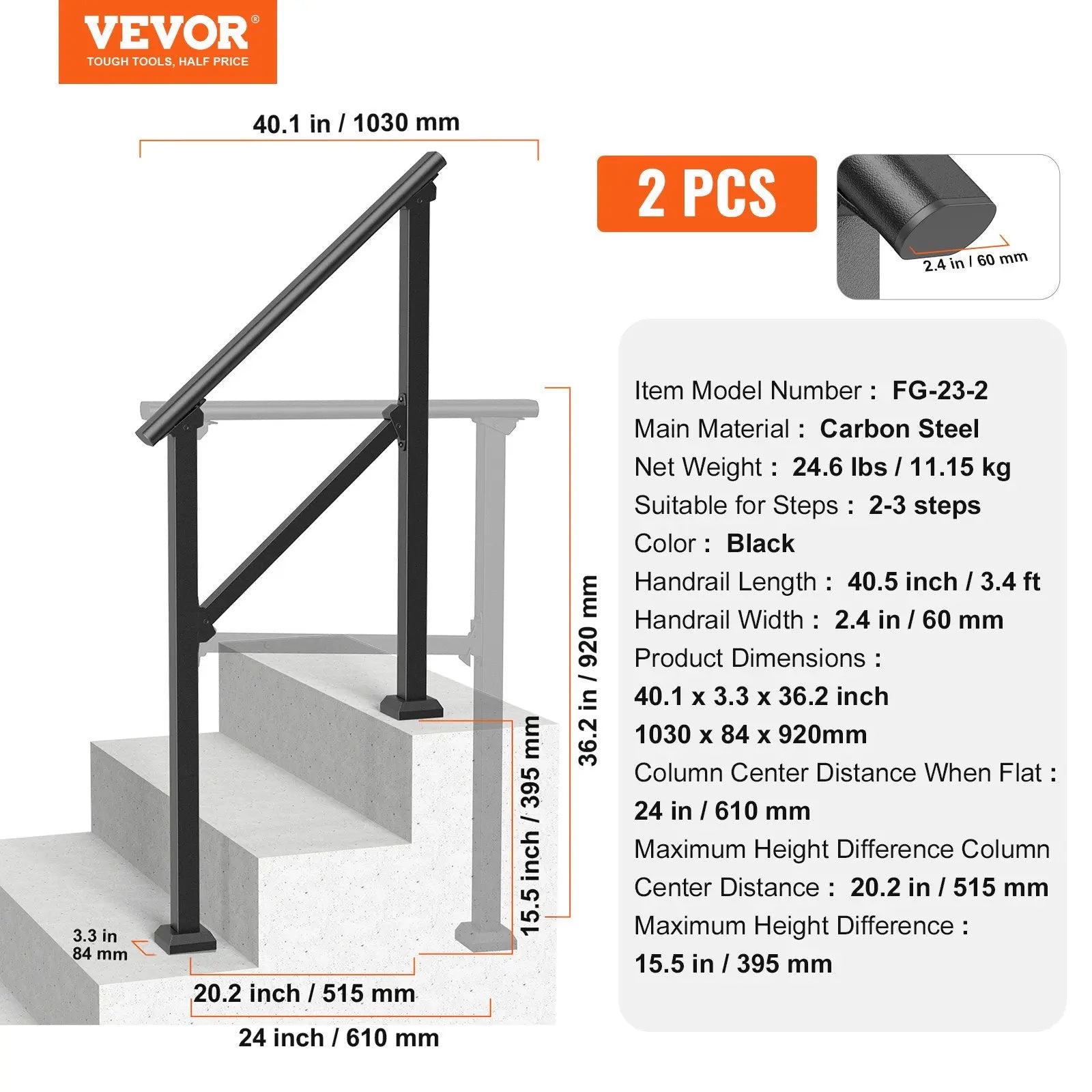 2 PCS 2-3 Handrails for Outdoor for Seniors Porch Deck Black Square Tube Wholesale Hub