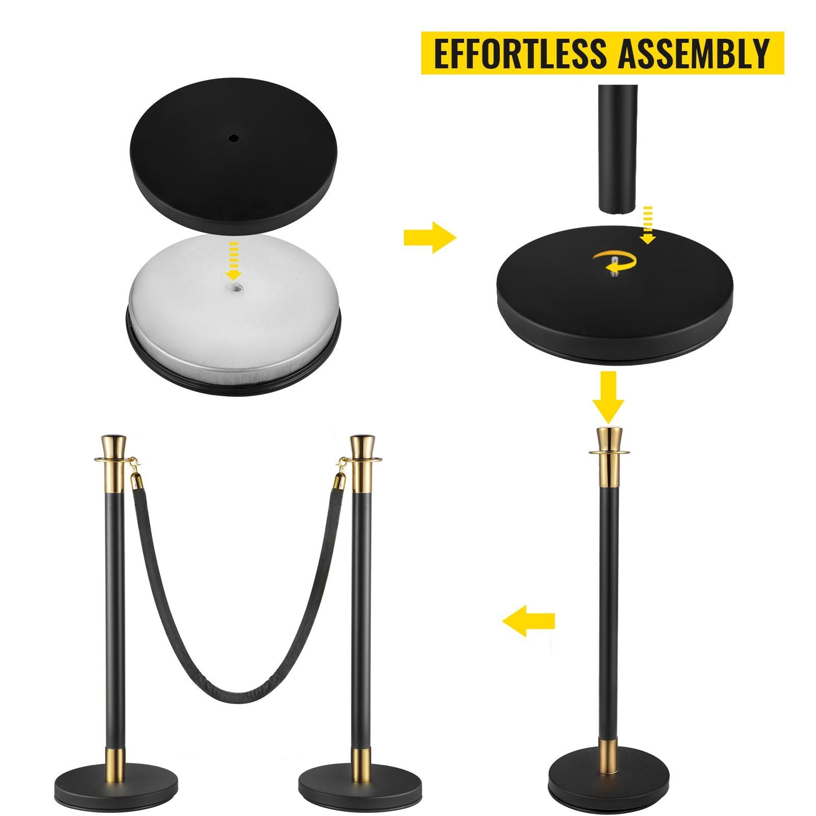 Crowd Control Stanchion, Set of 6 Pieces Stanchion Set, Stanchion Set with 5 ft/1.5 m Black Velvet Rope, Black Crowd Control Barrier with Sturdy Concrete and Metal Base – Easy Connect Assembly Wholesale Hub