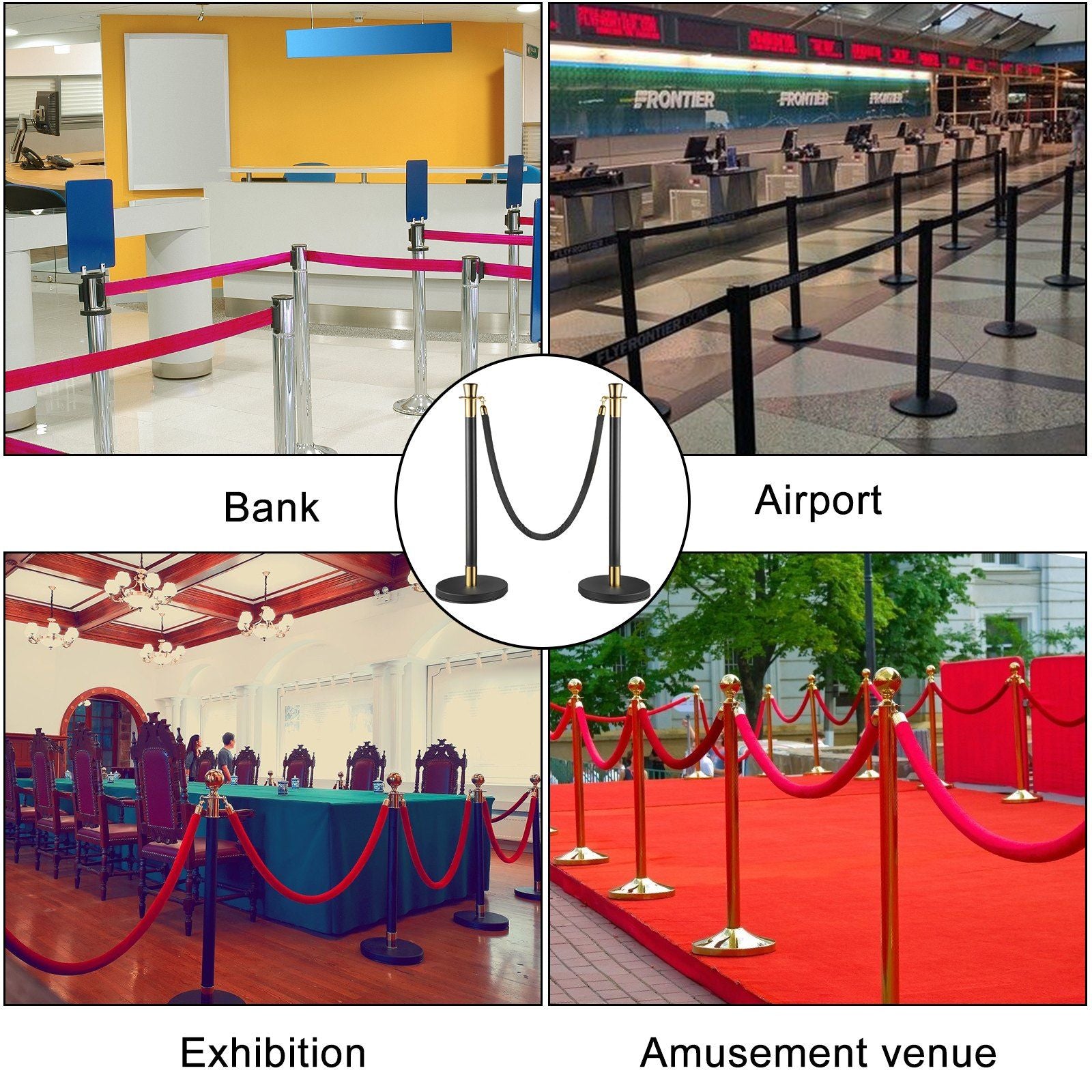 Crowd Control Stanchion, Set of 6 Pieces Stanchion Set, Stanchion Set with 5 ft/1.5 m Black Velvet Rope, Black Crowd Control Barrier with Sturdy Concrete and Metal Base – Easy Connect Assembly Wholesale Hub