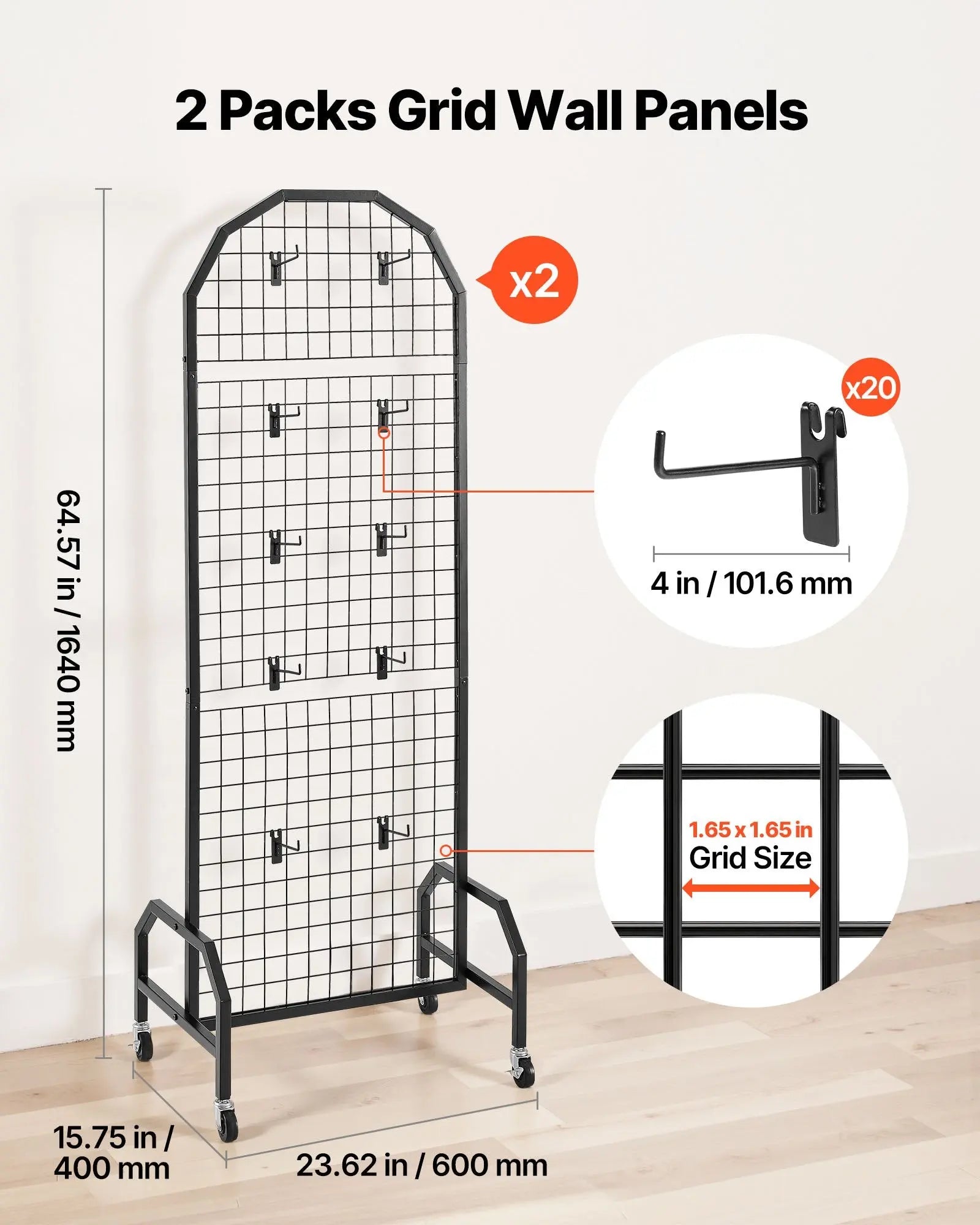 2 Packs Grid Wall Panels, 600 x 1640mm Wire Grid Panels Display Rack, Movable Art Display Shelf with Wheels and 20 Hooks, Black Carbon Steel Gridwall for Craft Show, Decor, Storage, Notice Board Wholesale Hub