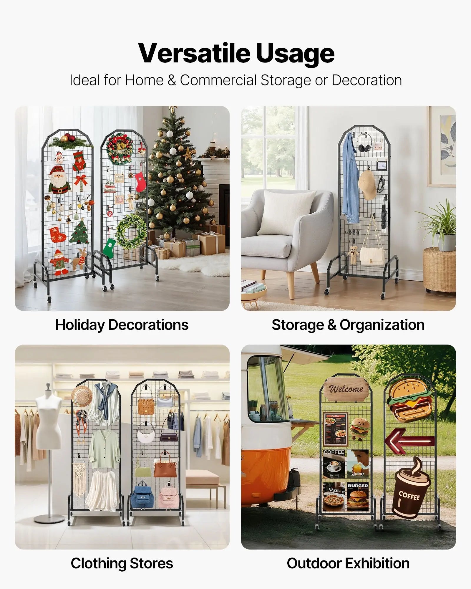 2 Packs Grid Wall Panels, 600 x 1640mm Wire Grid Panels Display Rack, Movable Art Display Shelf with Wheels and 20 Hooks, Black Carbon Steel Gridwall for Craft Show, Decor, Storage, Notice Board Wholesale Hub