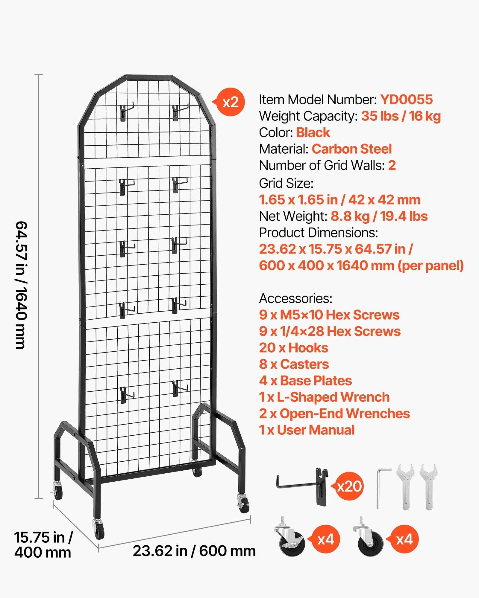 2 Packs Grid Wall Panels, 600 x 1640mm Wire Grid Panels Display Rack, Movable Art Display Shelf with Wheels and 20 Hooks, Black Carbon Steel Gridwall for Craft Show, Decor, Storage, Notice Board Wholesale Hub