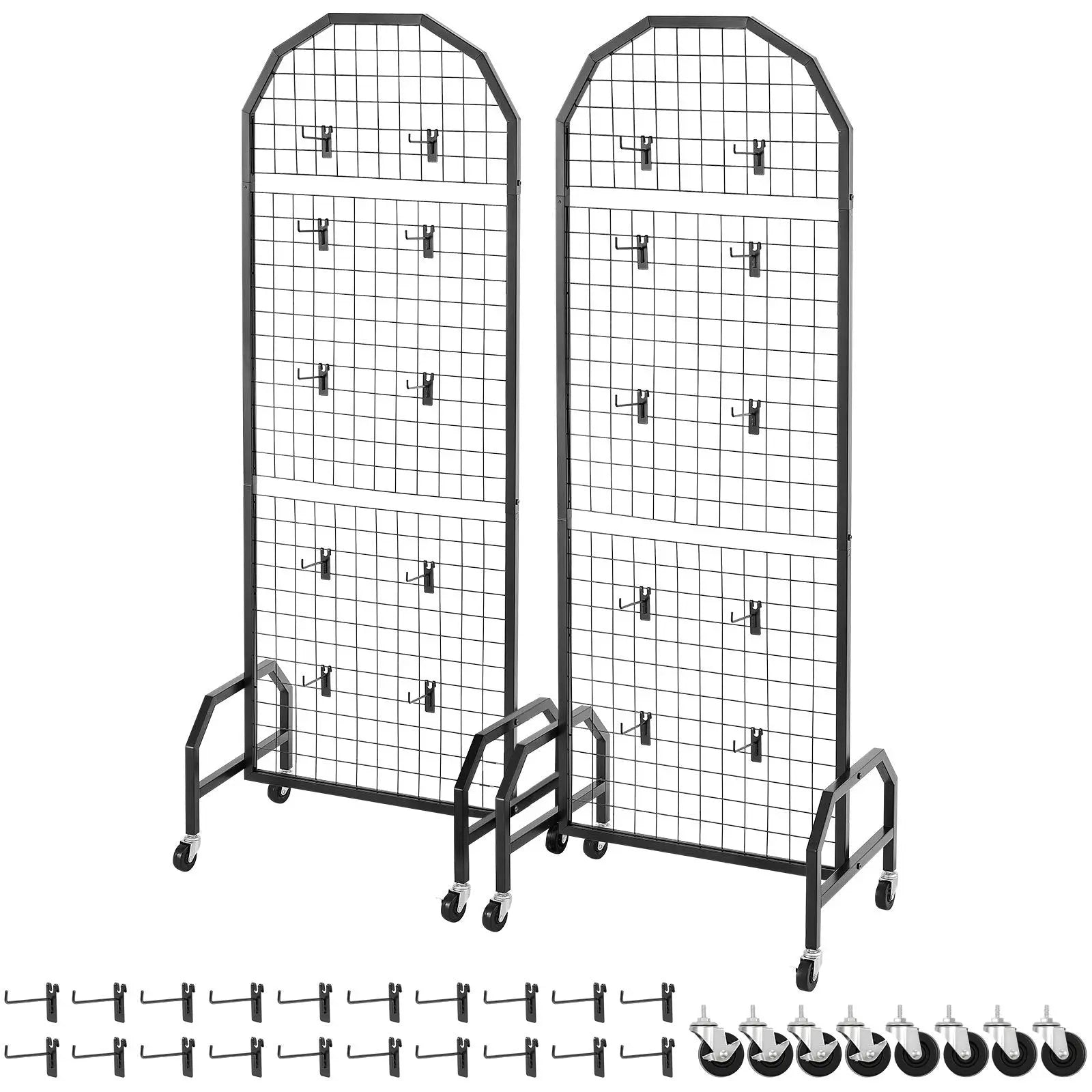 2 Packs Grid Wall Panels, 600 x 1640mm Wire Grid Panels Display Rack, Movable Art Display Shelf with Wheels and 20 Hooks, Black Carbon Steel Gridwall for Craft Show, Decor, Storage, Notice Board Wholesale Hub