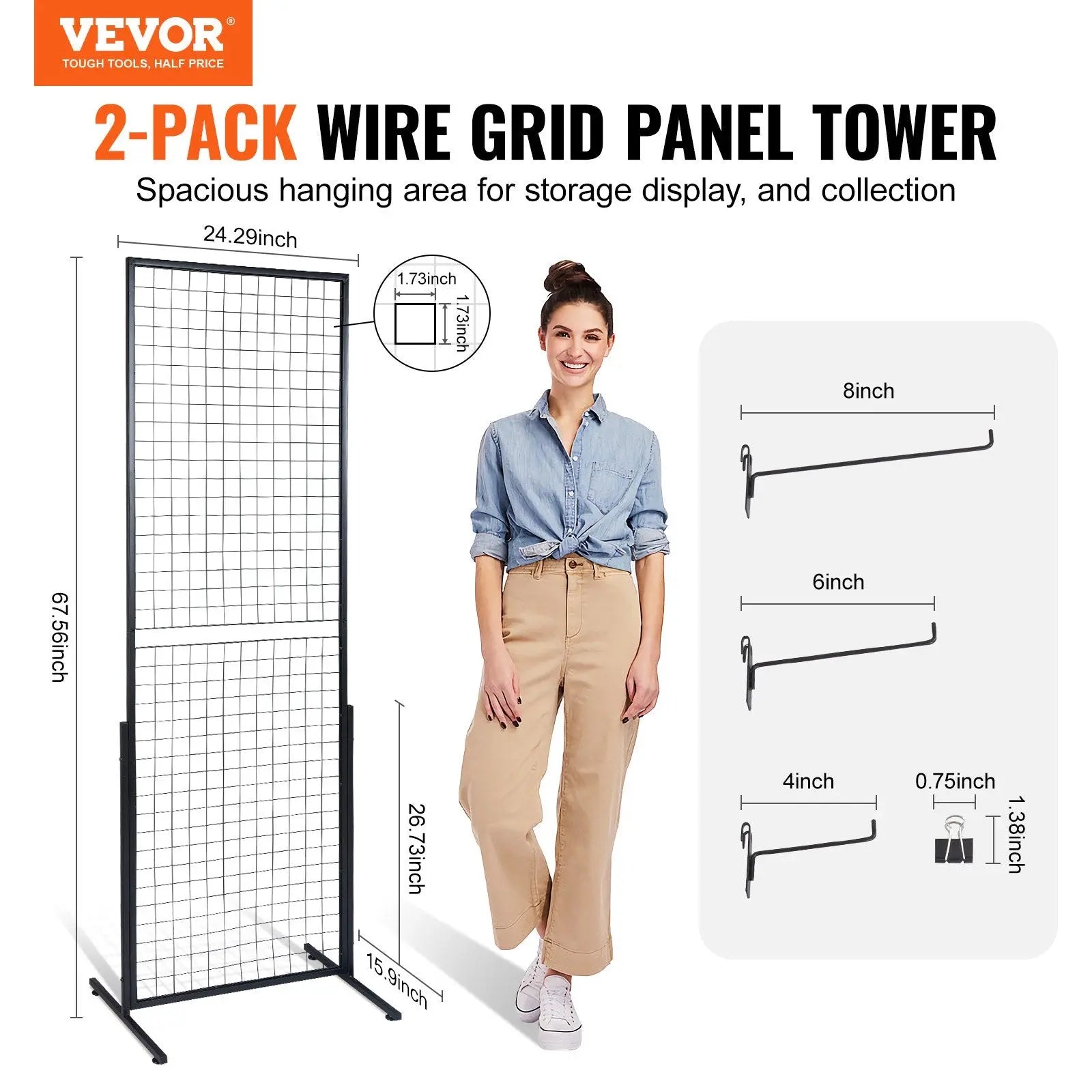 2' x 5.6' Grid Wall Panels Tower, 2 Packs Wire Gridwall Display Racks with T-Base Floorstanding, Double Side Gridwall Panels for Art Craft Shows, Retail Display with Extra Clips and Hooks Wholesale Hub
