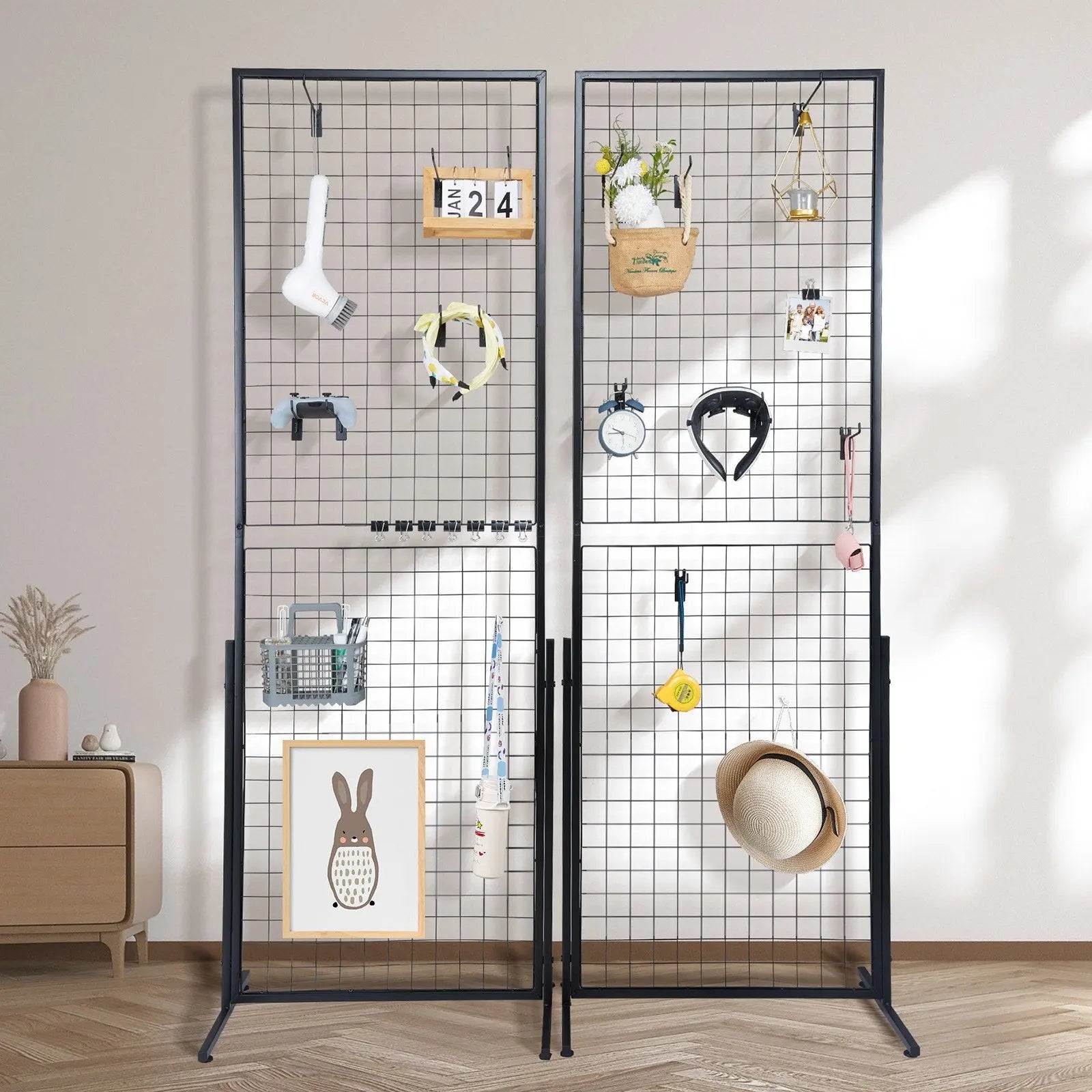 2' x 5.6' Grid Wall Panels Tower, 2 Packs Wire Gridwall Display Racks with T-Base Floorstanding, Double Side Gridwall Panels for Art Craft Shows, Retail Display with Extra Clips and Hooks Wholesale Hub