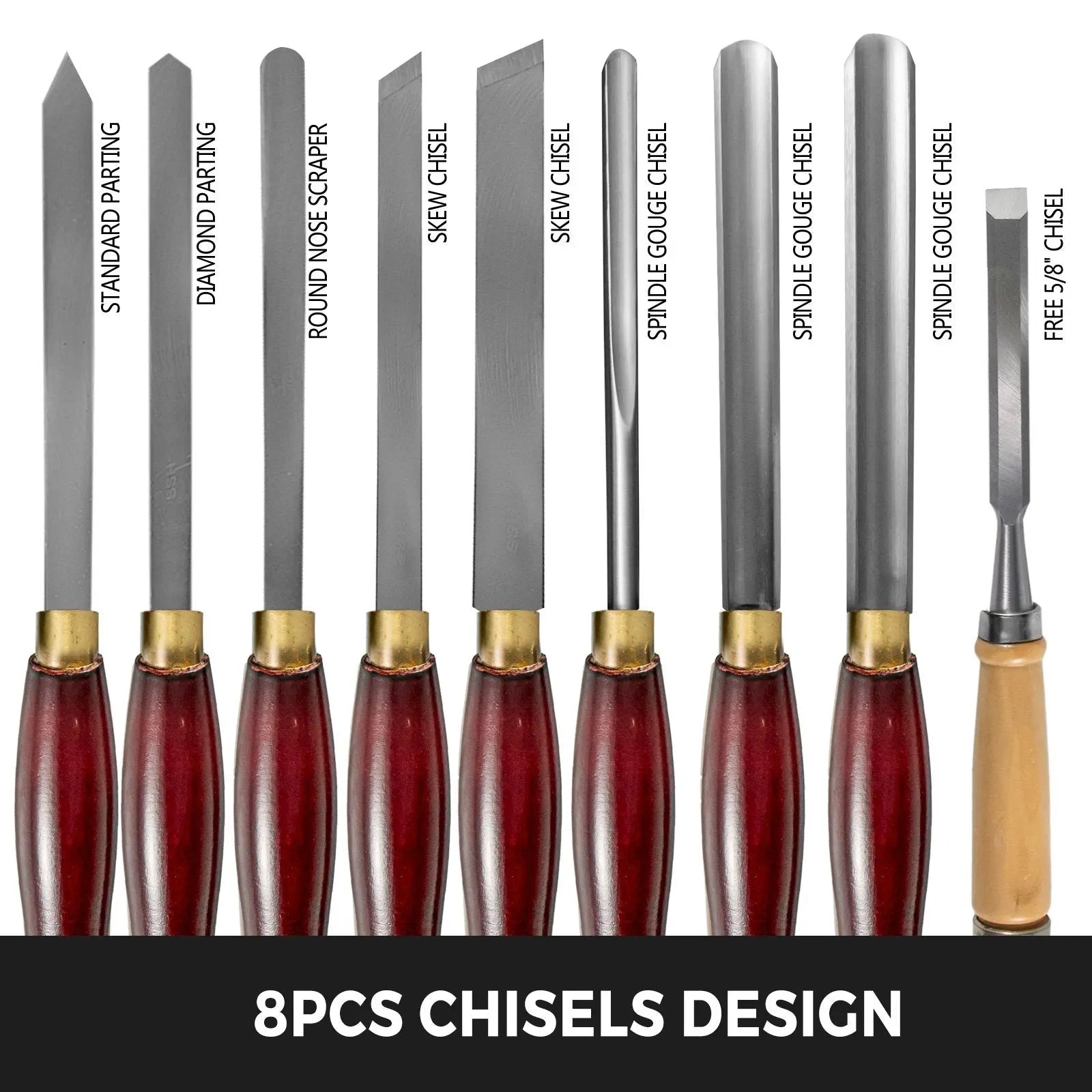 Woodworking Lathe Chisel Set 8 Piece Set Lathe Chisel HSS Steel Blades Wood Turning Tools Wooden Case for Storage for Wood Carving Root Carving Furniture Carving Lathes Red Wholesale Hub