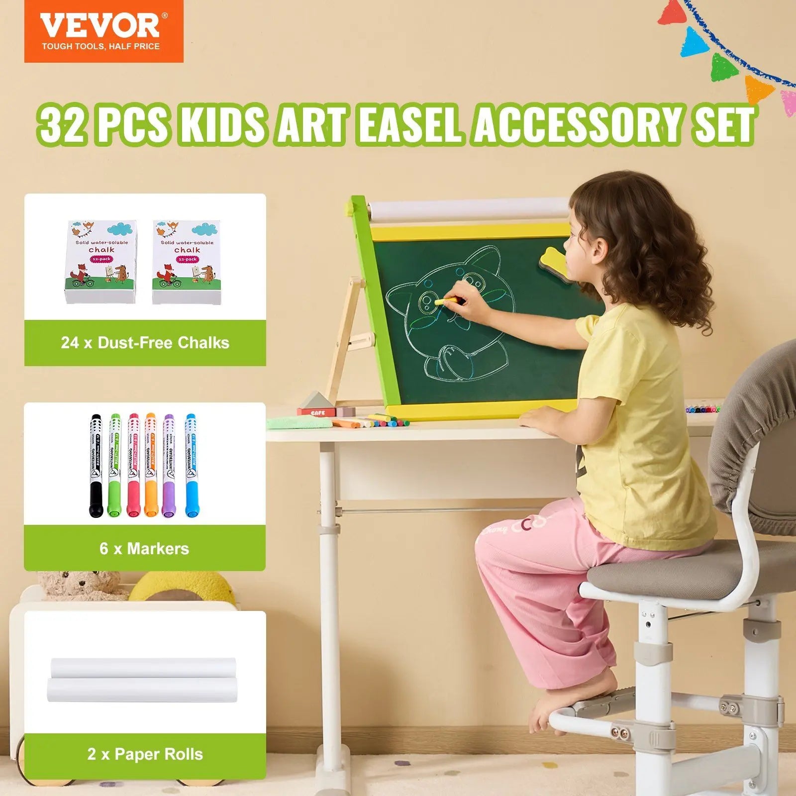 Easel Accessory Set, 32 PCS Kid's Art Easel Painting Kit Including Chalks, Dry-Erase Markers & Paper Rolls, Supplies Set for Tabletop Art Easel, Painting Accessories for Toddlers Boys and Girls Wholesale Hub