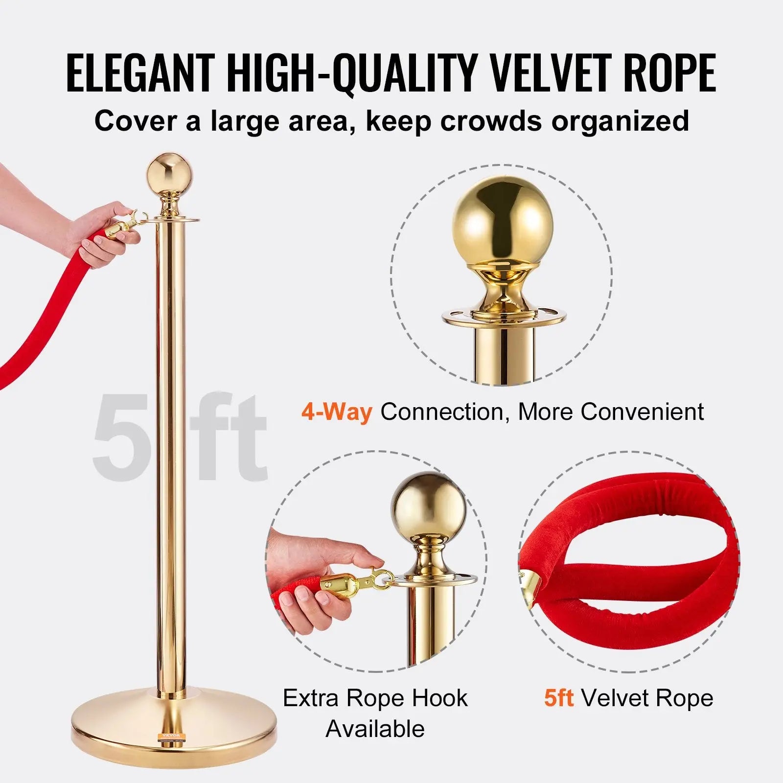 Stanchion Post with Velvet Rope, 4-Pack Crowd Control Stanchion with 3PCS 5FT Red Velvet Ropes, Stainless Steel Queue Barrier Line Divider with Fillable Base & Ball Top for Wedding Museum Party Wholesale Hub