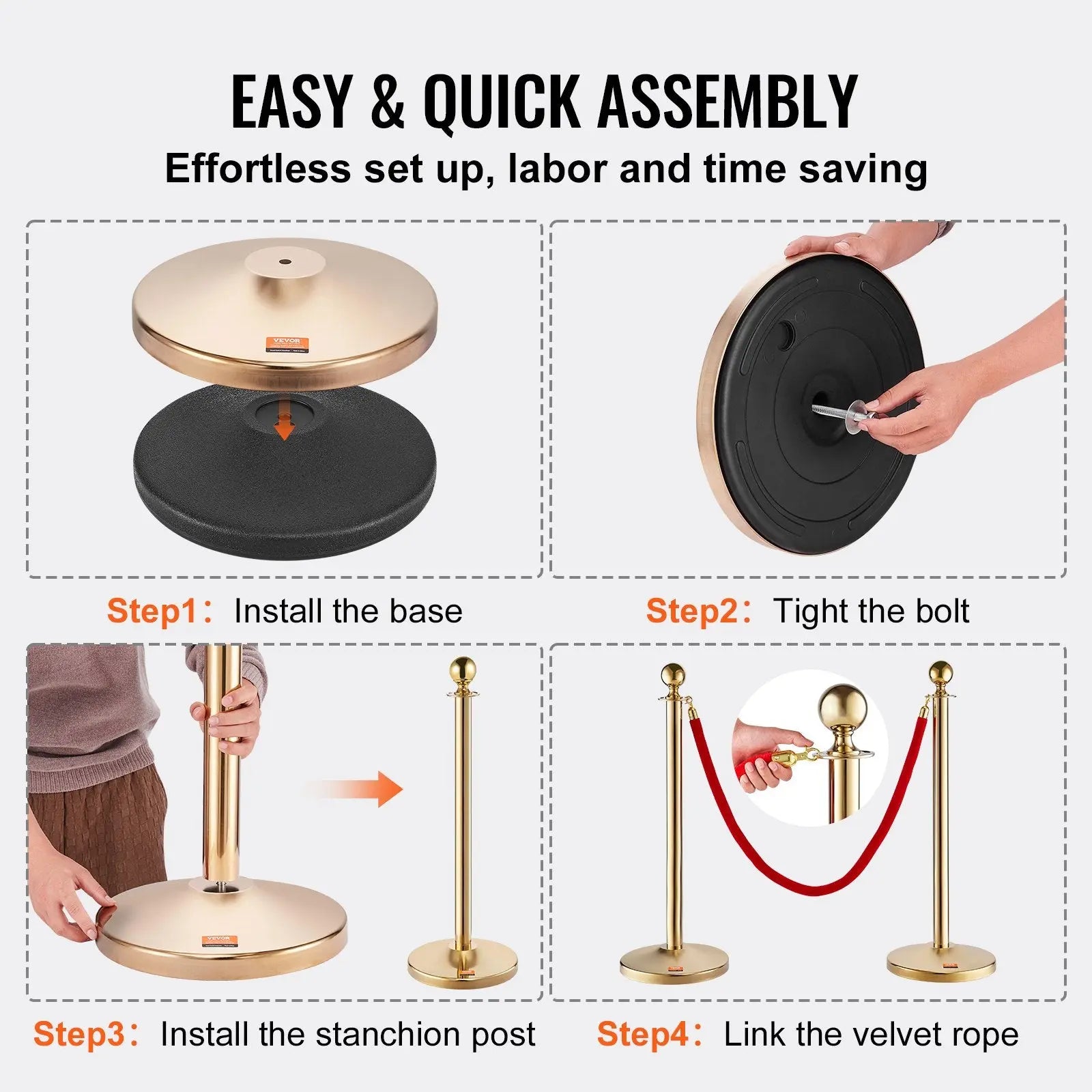 Stanchion Post with Velvet Rope, 4-Pack Crowd Control Stanchion with 3PCS 5FT Red Velvet Ropes, Stainless Steel Queue Barrier Line Divider with Fillable Base & Ball Top for Wedding Museum Party Wholesale Hub