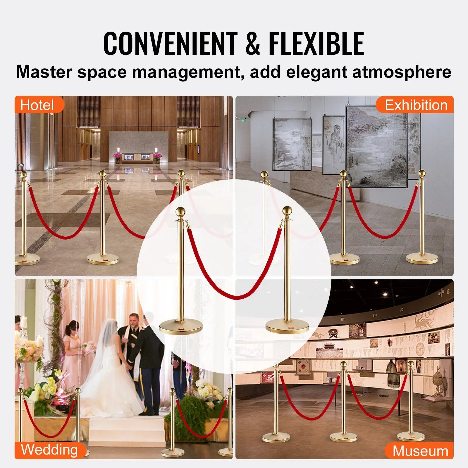 Stanchion Post with Velvet Rope, 4-Pack Crowd Control Stanchion with 3PCS 5FT Red Velvet Ropes, Stainless Steel Queue Barrier Line Divider with Fillable Base & Ball Top for Wedding Museum Party Wholesale Hub