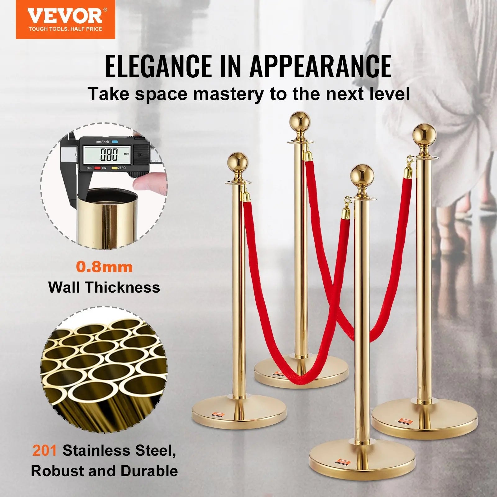 Stanchion Post with Velvet Rope, 6-Pack Crowd Control Stanchion with 4PCS 5FT Red Velvet Ropes, Stainless Steel Queue Barrier Line Divider with Fillable Base & Ball Top for Wedding Museum Party Wholesale Hub