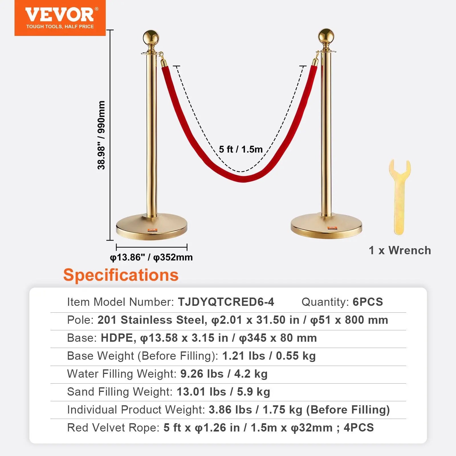 Stanchion Post with Velvet Rope, 6-Pack Crowd Control Stanchion with 4PCS 5FT Red Velvet Ropes, Stainless Steel Queue Barrier Line Divider with Fillable Base & Ball Top for Wedding Museum Party Wholesale Hub