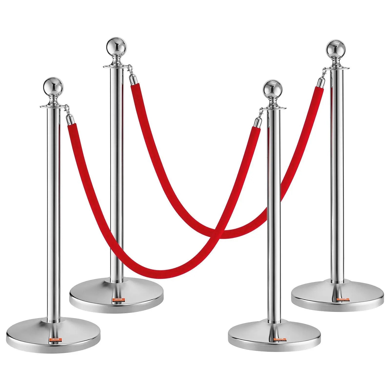 Stanchion Post with Velvet Rope, 4-Pack Crowd Control Stanchion with 2PCS 5FT Red Velvet Ropes, Stainless Steel Queue Barrier Line Divider with Fillable Plastic Base, Ball Top for Wedding Museum Wholesale Hub