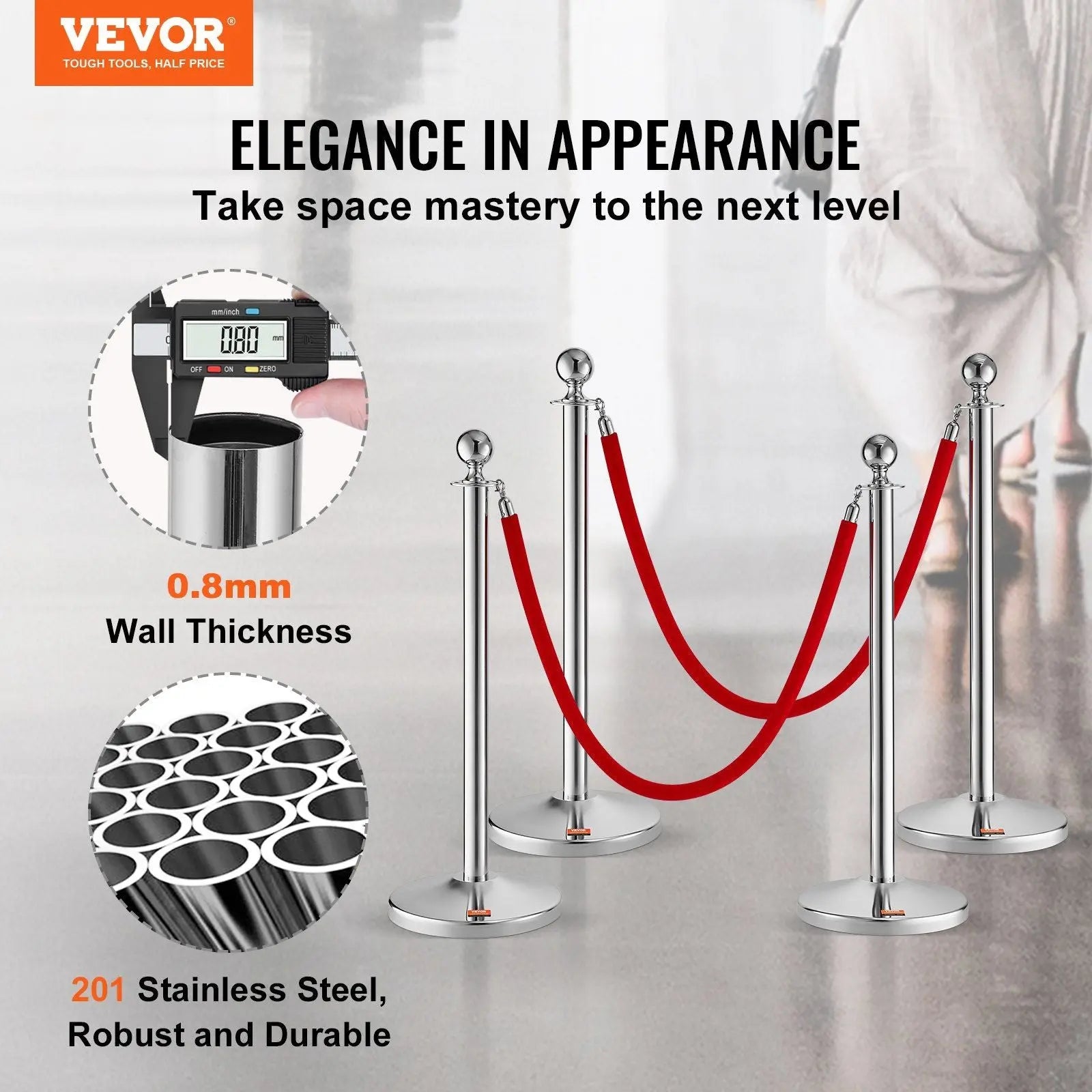 Stanchion Post with Velvet Rope, 4-Pack Crowd Control Stanchion with 2PCS 5FT Red Velvet Ropes, Stainless Steel Queue Barrier Line Divider with Fillable Plastic Base, Ball Top for Wedding Museum Wholesale Hub