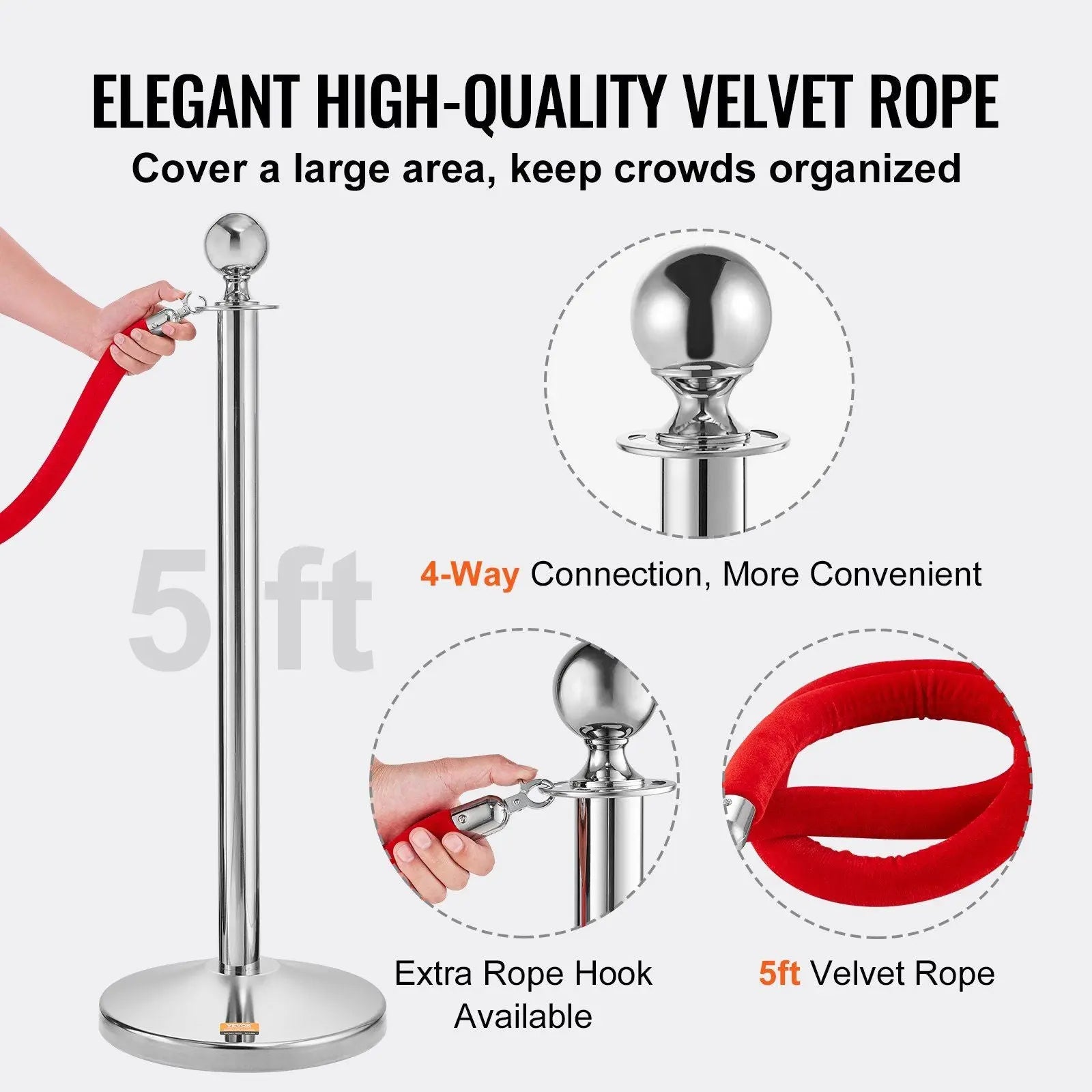 Stanchion Post with Velvet Rope, 4-Pack Crowd Control Stanchion with 2PCS 5FT Red Velvet Ropes, Stainless Steel Queue Barrier Line Divider with Fillable Plastic Base, Ball Top for Wedding Museum Wholesale Hub