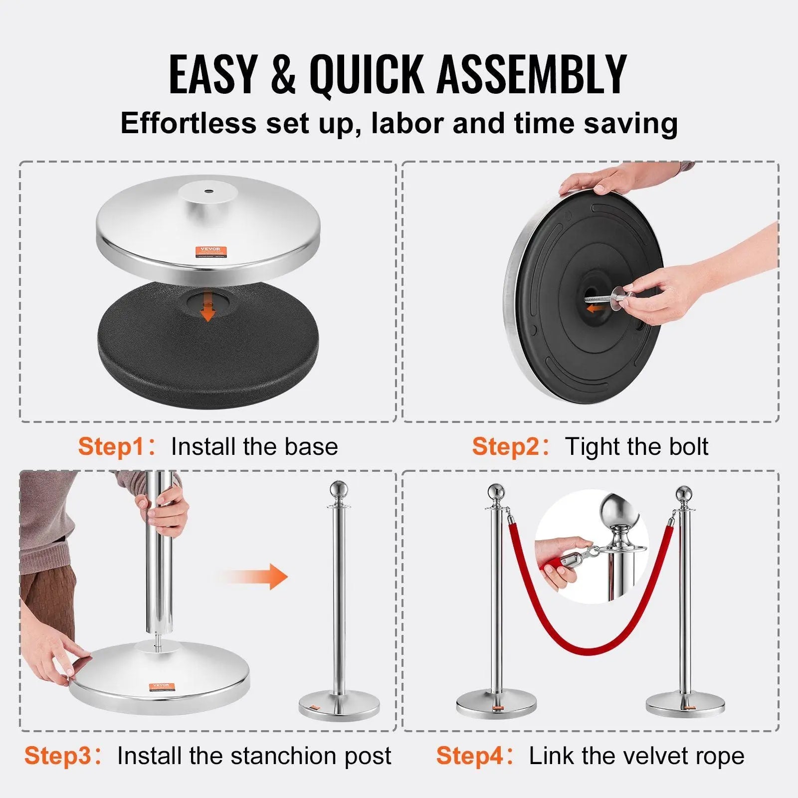 Stanchion Post with Velvet Rope, 4-Pack Crowd Control Stanchion with 2PCS 5FT Red Velvet Ropes, Stainless Steel Queue Barrier Line Divider with Fillable Plastic Base, Ball Top for Wedding Museum Wholesale Hub