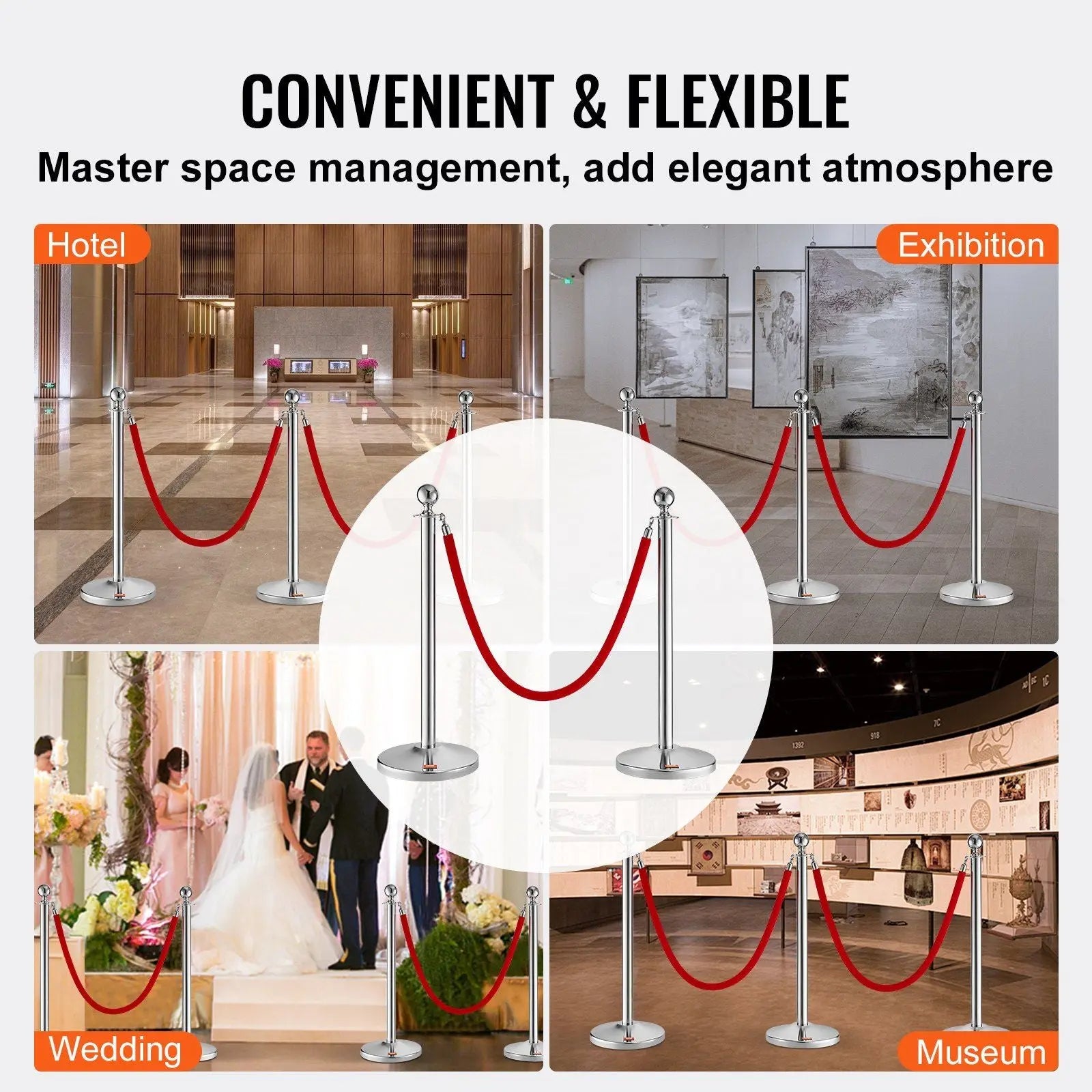 Stanchion Post with Velvet Rope, 4-Pack Crowd Control Stanchion with 2PCS 5FT Red Velvet Ropes, Stainless Steel Queue Barrier Line Divider with Fillable Plastic Base, Ball Top for Wedding Museum Wholesale Hub