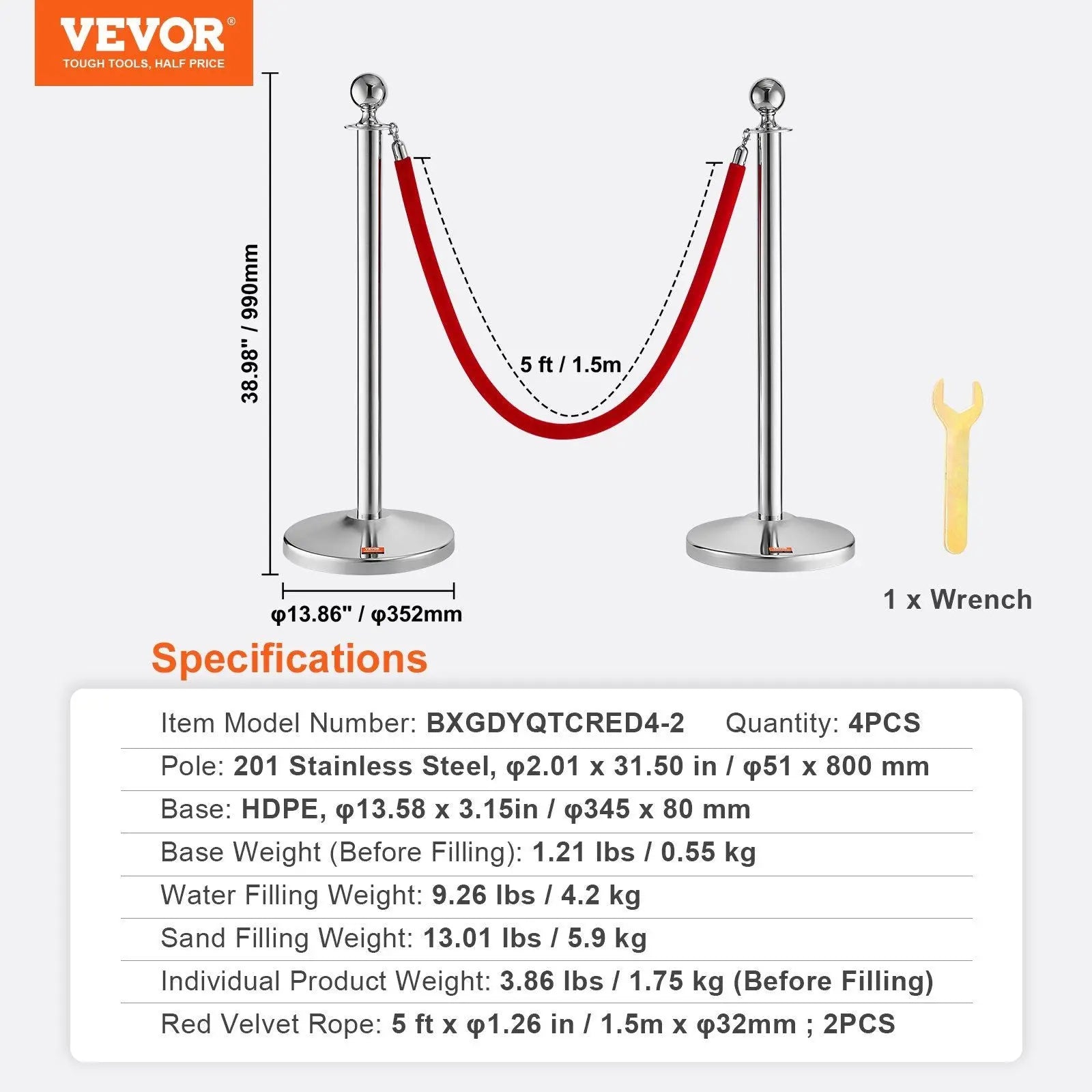 Stanchion Post with Velvet Rope, 4-Pack Crowd Control Stanchion with 2PCS 5FT Red Velvet Ropes, Stainless Steel Queue Barrier Line Divider with Fillable Plastic Base, Ball Top for Wedding Museum Wholesale Hub