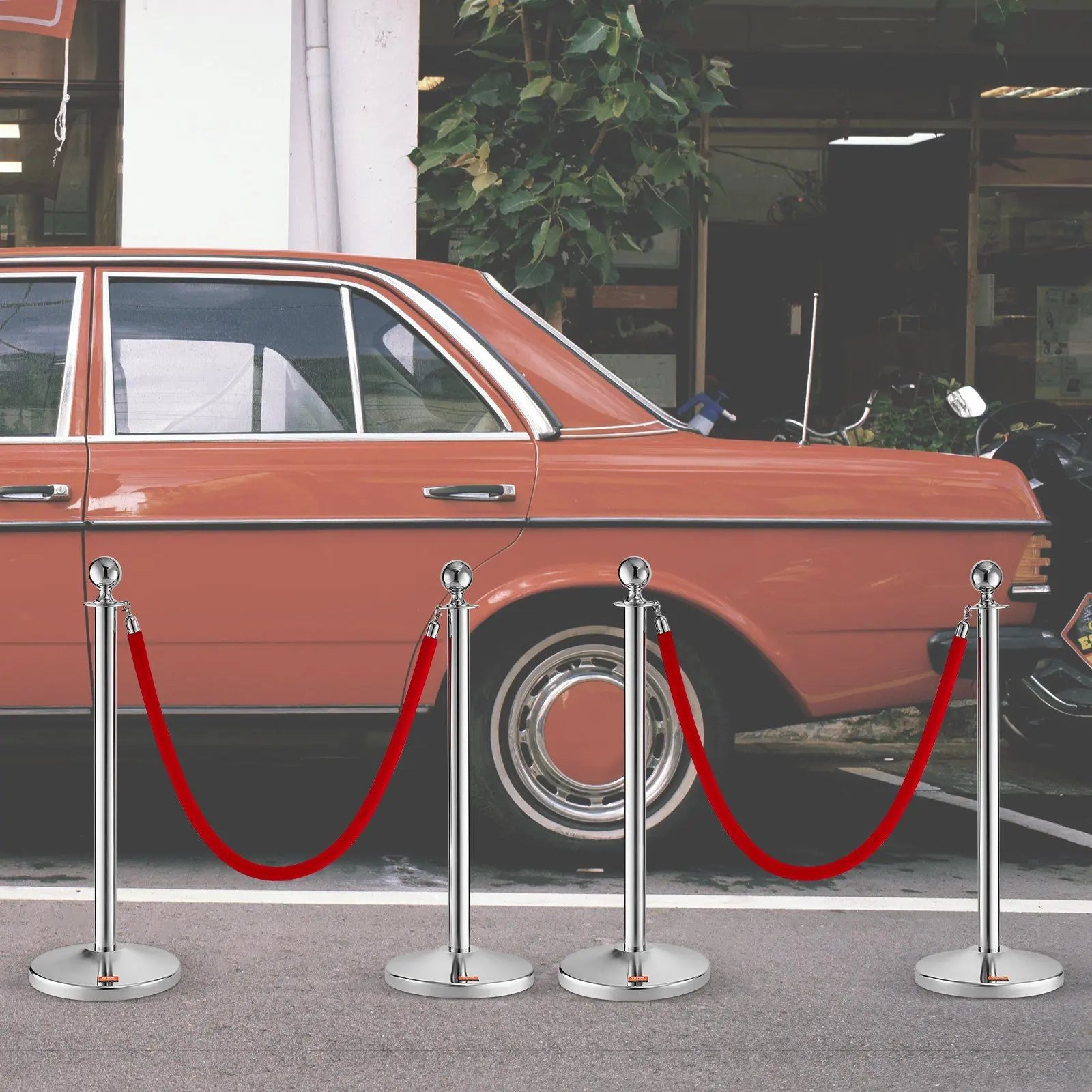 Stanchion Post with Velvet Rope, 4-Pack Crowd Control Stanchion with 2PCS 5FT Red Velvet Ropes, Stainless Steel Queue Barrier Line Divider with Fillable Plastic Base, Ball Top for Wedding Museum Wholesale Hub
