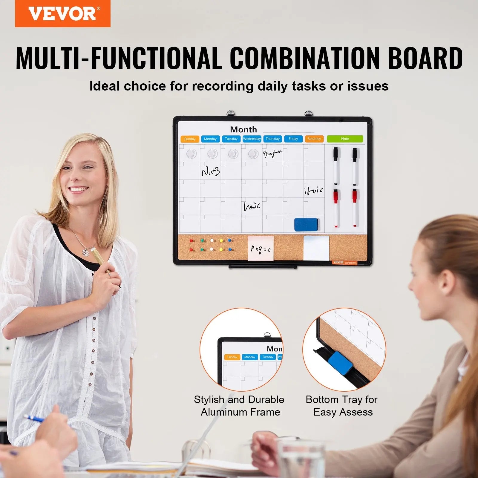 24"x 18" Monthly Calendar Whiteboard & Cork Board Combo with Aluminum Frame – 2-in-1 Magnetic Dry Erase Bulletin Board for Wall Mount – Ideal for School, Home, Office Wholesale Hub
