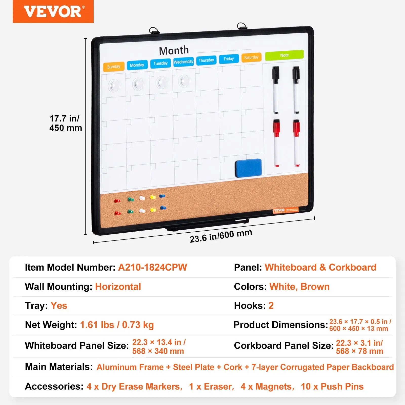 24"x 18" Monthly Calendar Whiteboard & Cork Board Combo with Aluminum Frame – 2-in-1 Magnetic Dry Erase Bulletin Board for Wall Mount – Ideal for School, Home, Office Wholesale Hub
