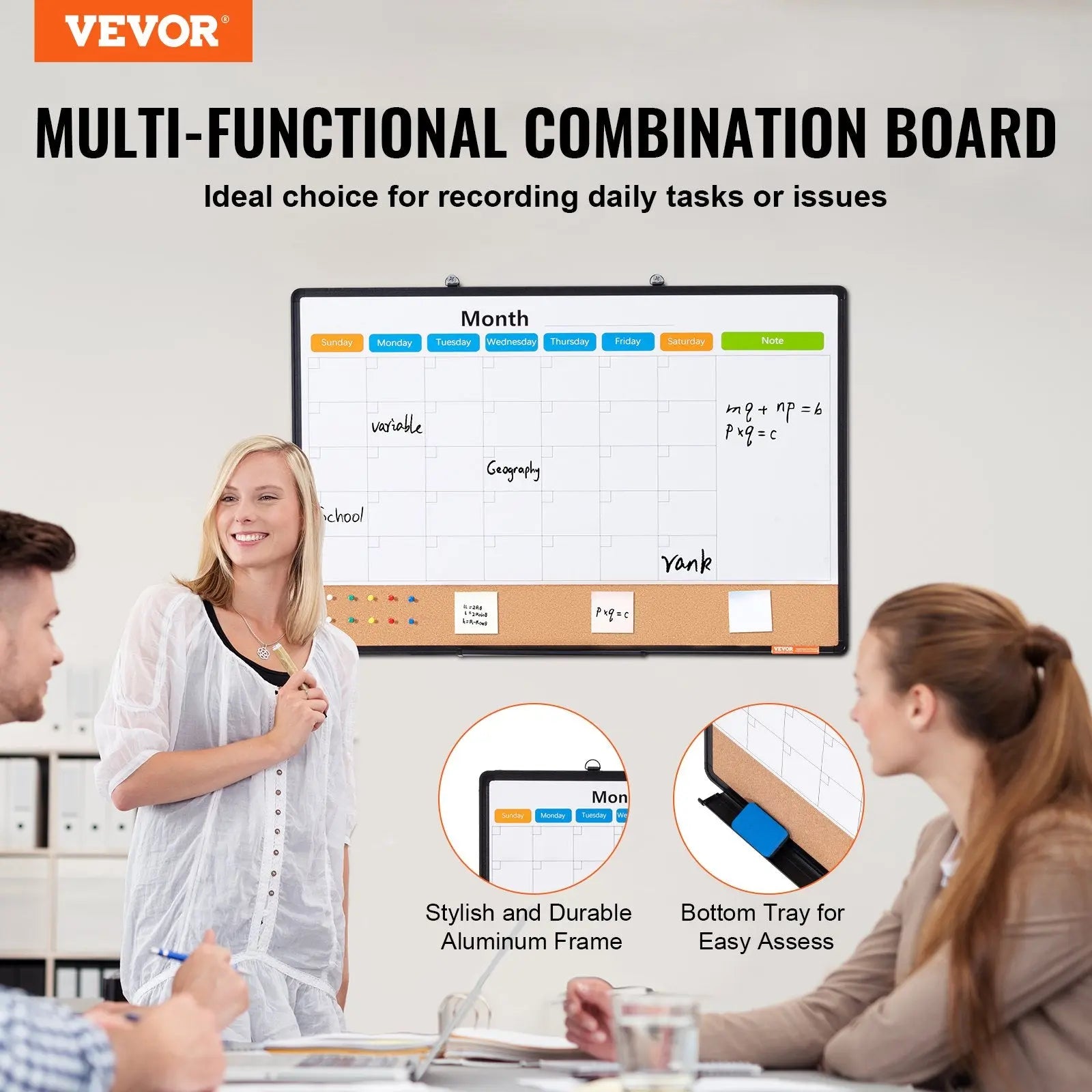36"x 24" Monthly Calendar Whiteboard & Cork Board Combo with Aluminum Frame – 2-in-1 Magnetic Dry Erase Bulletin Board for Wall Mount – Ideal for School, Home, Office Wholesale Hub