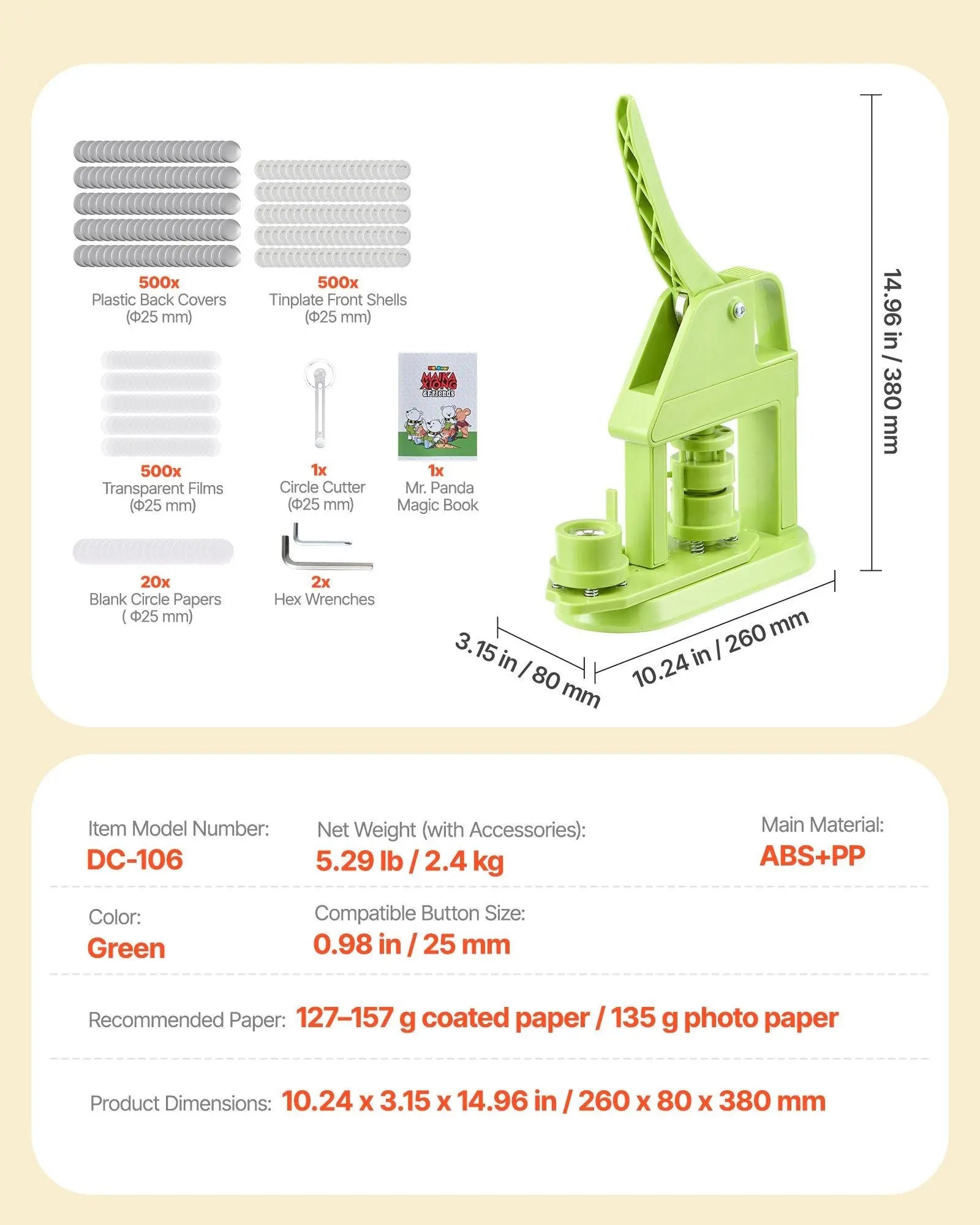 Button Maker Machine, 25 mm, Plastic Pin Maker with 500pcs Button Parts, Mr. Panda Magic Book, Circle Cutter and Hex Wrenches, Reinforced Ergonomic Handle, for DIY Badges, Personalized Pins Wholesale Hub