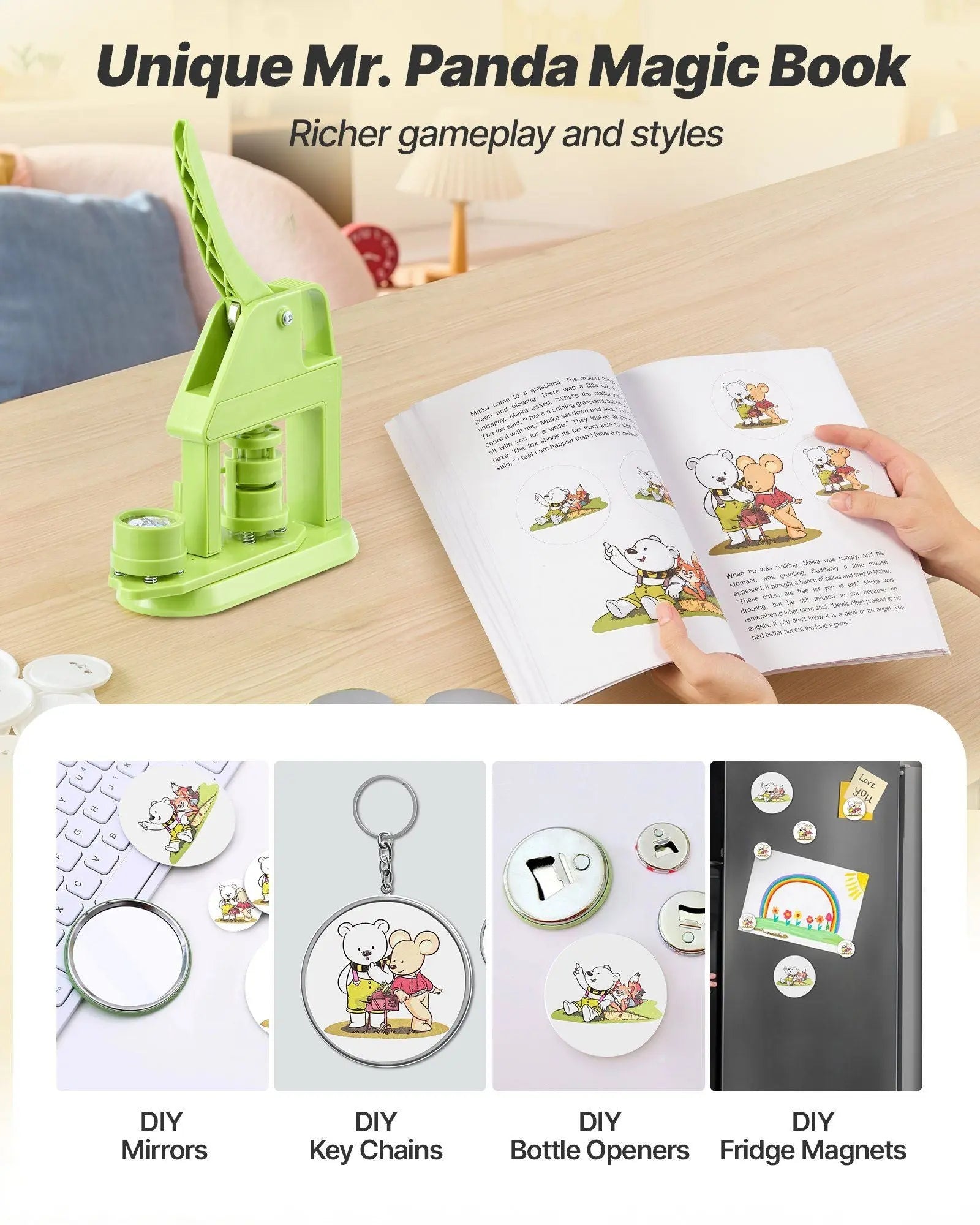 Button Maker Machine, 32 mm, Plastic Pin Maker with 500pcs Button Parts, Mr. Panda Magic Book, Circle Cutter and Hex Wrenches, Reinforced Ergonomic Handle, for DIY Badges, Personalized Pins Wholesale Hub