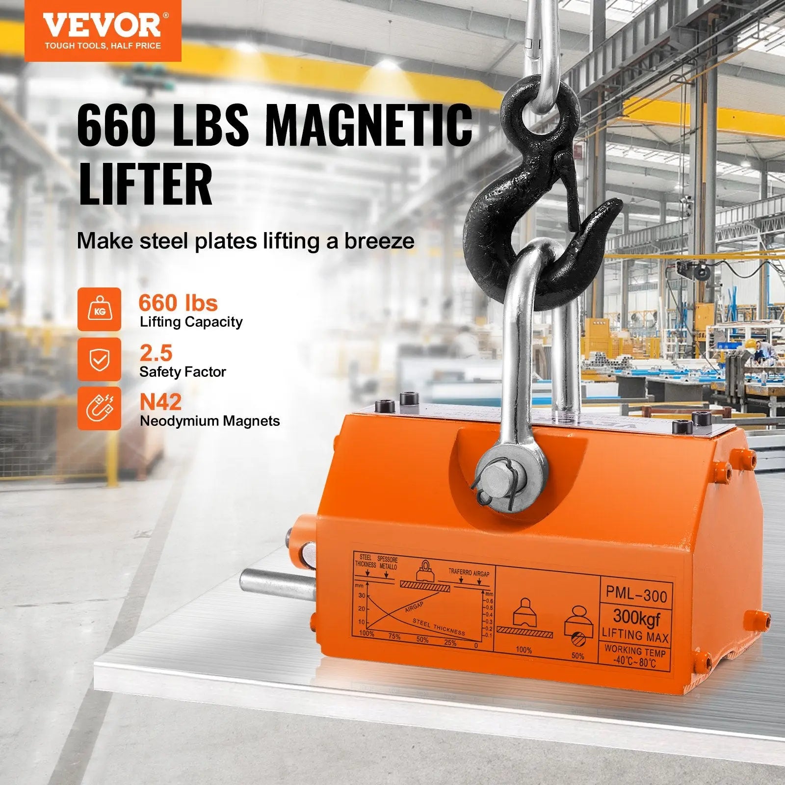 Magnetic Lifter, 300 kg Pulling Capacity, 2.5 Safety Factor, Neodymium & Steel, Lifting Magnet with Release, Permanent Lift Magnets, Heavy Duty Magnet for Hoist, Shop Crane, Block, Board Wholesale Hub