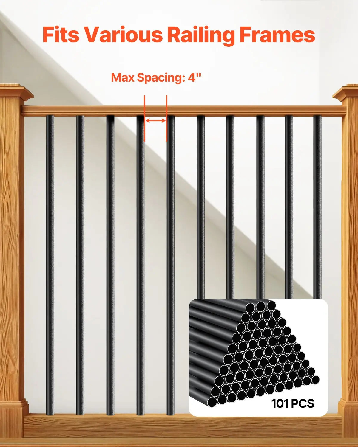 Staircase Balusters 101 Pack, 660 mm Aluminum Stair Balusters, 19 mm Water-Proof Round Metal Spindle Railing, Hollow Deck Railing with Rail Caps & Screws for Stairs, Porch, Patio, Matte Black Wholesale Hub
