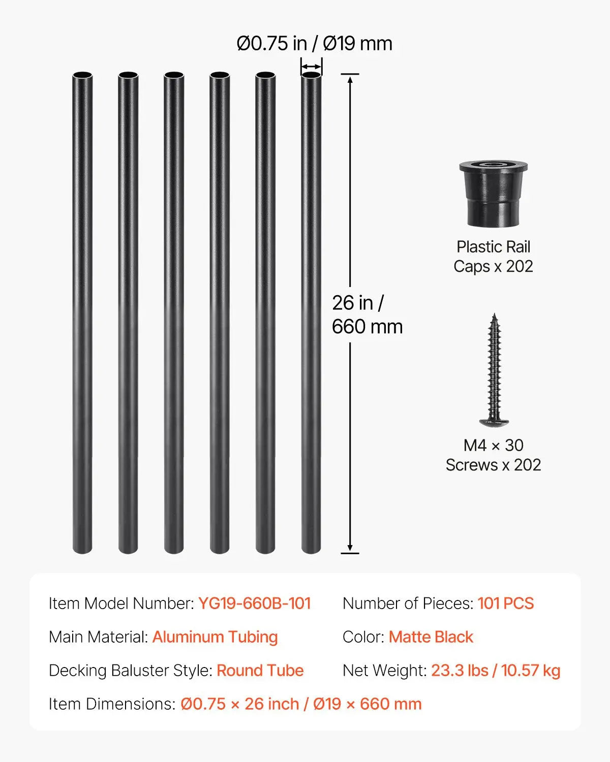 Staircase Balusters 101 Pack, 660 mm Aluminum Stair Balusters, 19 mm Water-Proof Round Metal Spindle Railing, Hollow Deck Railing with Rail Caps & Screws for Stairs, Porch, Patio, Matte Black Wholesale Hub