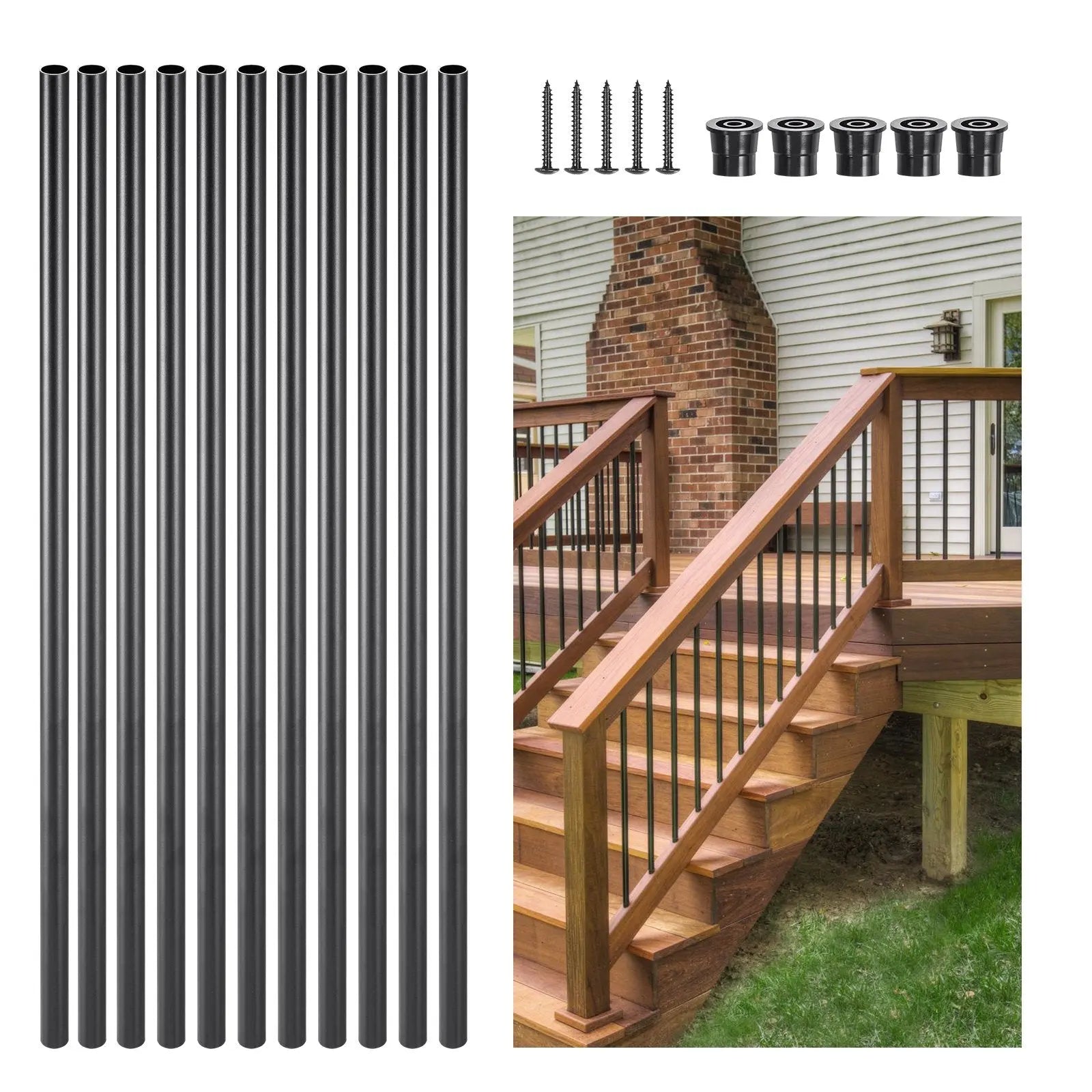 Staircase Balusters 101 Pack, 660 mm Aluminum Stair Balusters, 19 mm Water-Proof Round Metal Spindle Railing, Hollow Deck Railing with Rail Caps & Screws for Stairs, Porch, Patio, Matte Black Wholesale Hub