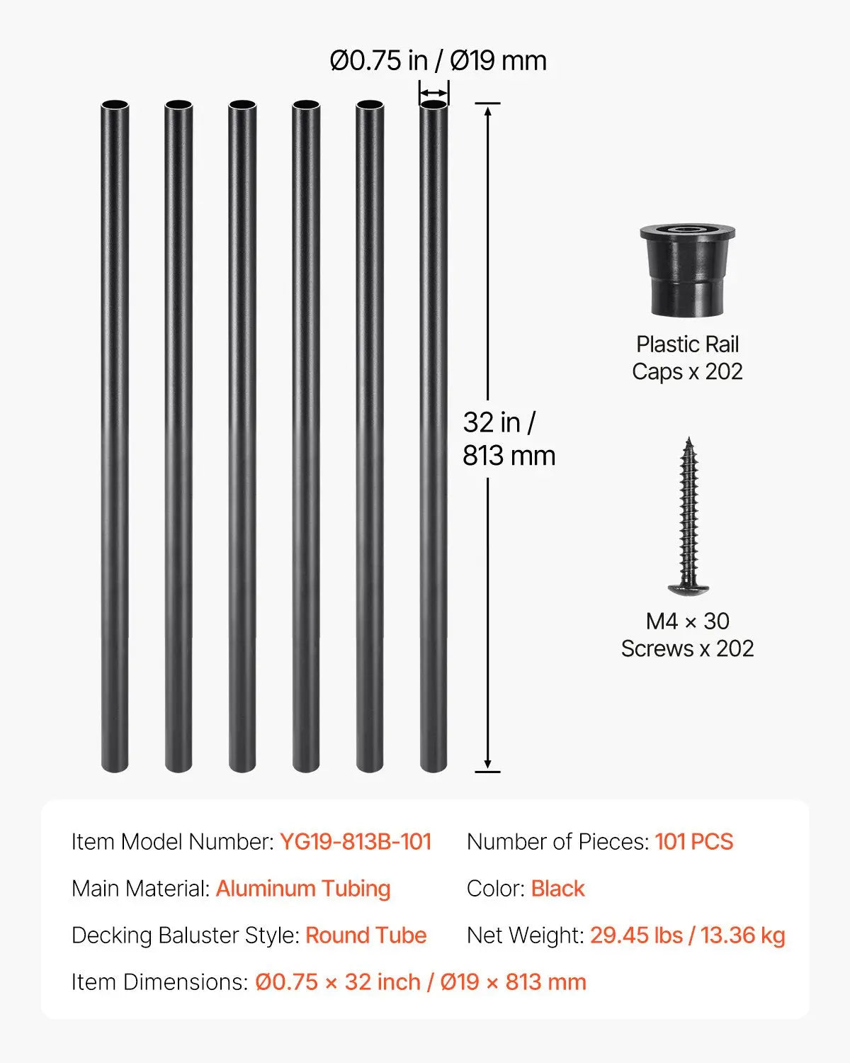 Staircase Balusters 101 Pack, 32 In Aluminum Stair Balusters, 3/4 In Water-Proof Round Metal Spindle Railing, Hollow Deck Railing with Rail Caps & Screws for Stairs, Porch, Patio, Fence, Black Wholesale Hub