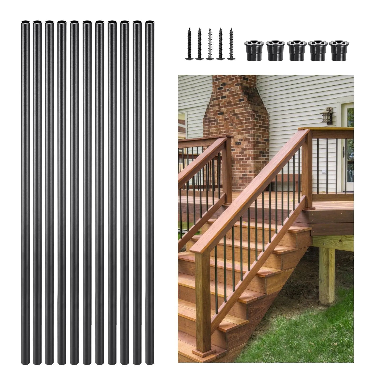 Staircase Balusters 101 Pack, 32 In Aluminum Stair Balusters, 3/4 In Water-Proof Round Metal Spindle Railing, Hollow Deck Railing with Rail Caps & Screws for Stairs, Porch, Patio, Fence, Black Wholesale Hub