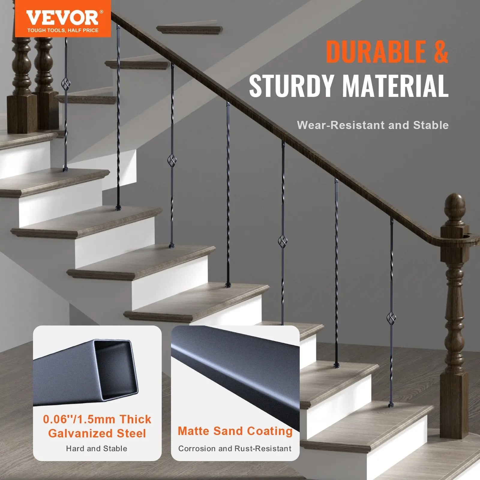 Staircase Metal Balusters, 44'' x 1/2" Galvanized Steel Decorative Banister Spindles, 10 Pack Deck Baluster with Hollow Single Baskets, Twists, Spiral Stair Railing w/ Shoes & Screws Wholesale Hub