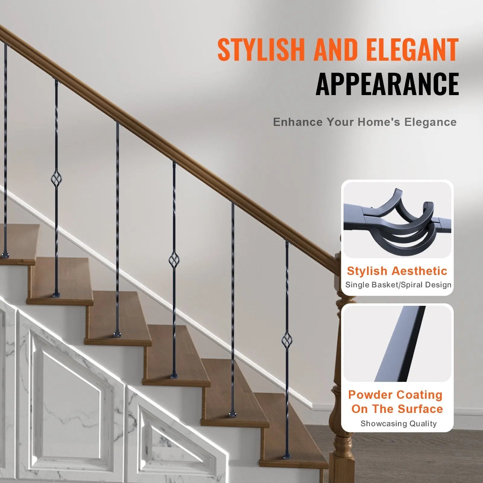Staircase Metal Balusters, 44'' x 1/2" Galvanized Steel Decorative Banister Spindles, 10 Pack Deck Baluster with Hollow Single Baskets, Twists, Spiral Stair Railing w/ Shoes & Screws Wholesale Hub